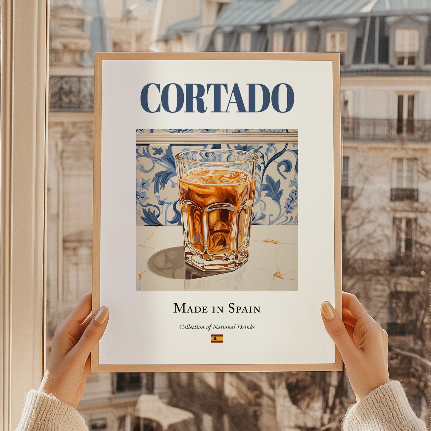 Cortado – Spanish Coffee, Espresso Bar Print, styled in a charming Paris street view