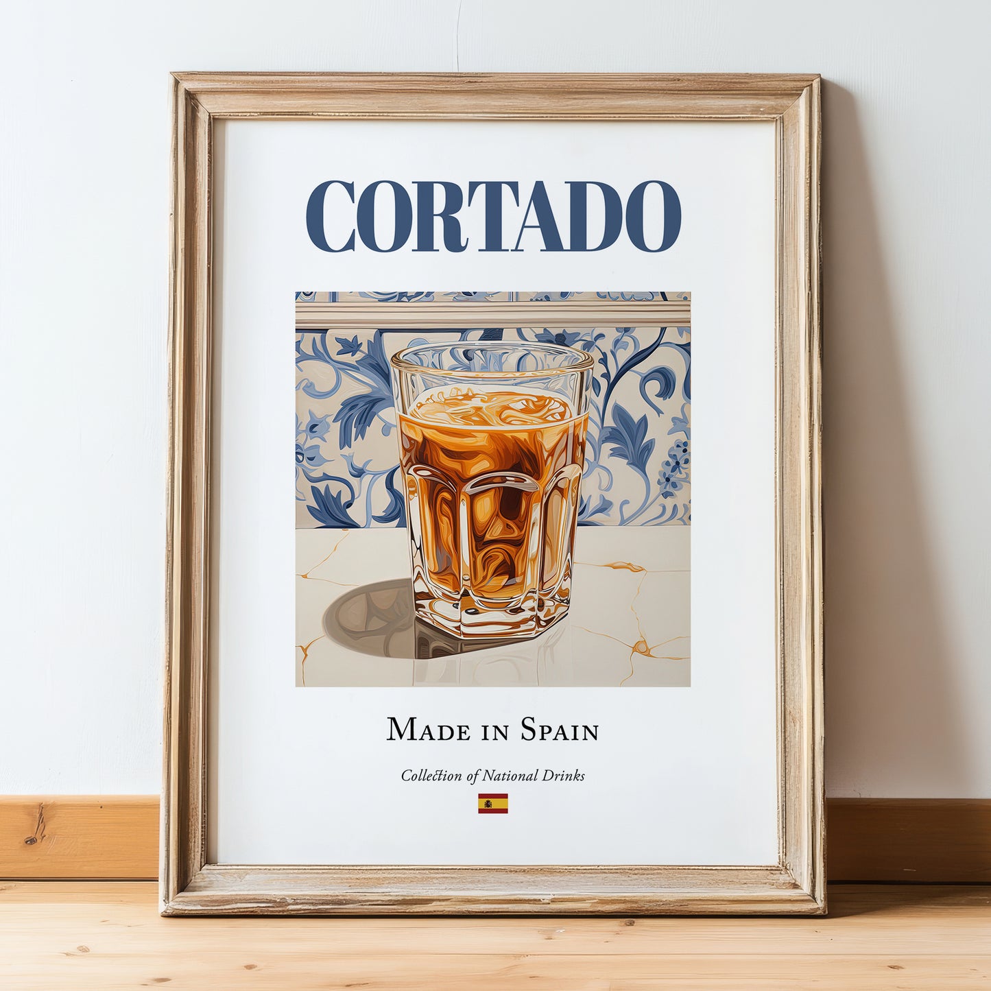 Cortado – Spanish Coffee, Espresso Bar Print, in wooden frame leaning on the floor