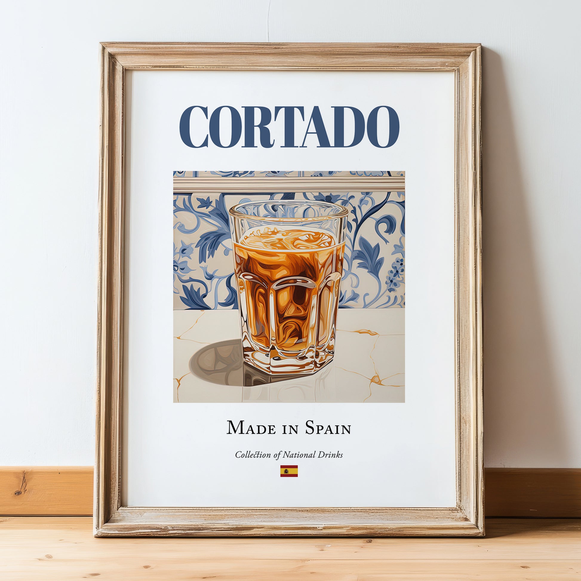 Cortado – Spanish Coffee, Espresso Bar Print, in wooden frame leaning on the floor