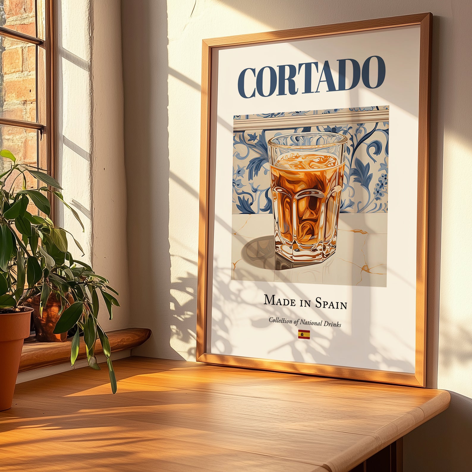 Cortado – Spanish Coffee, Espresso Bar Print, no-text version framed in wood