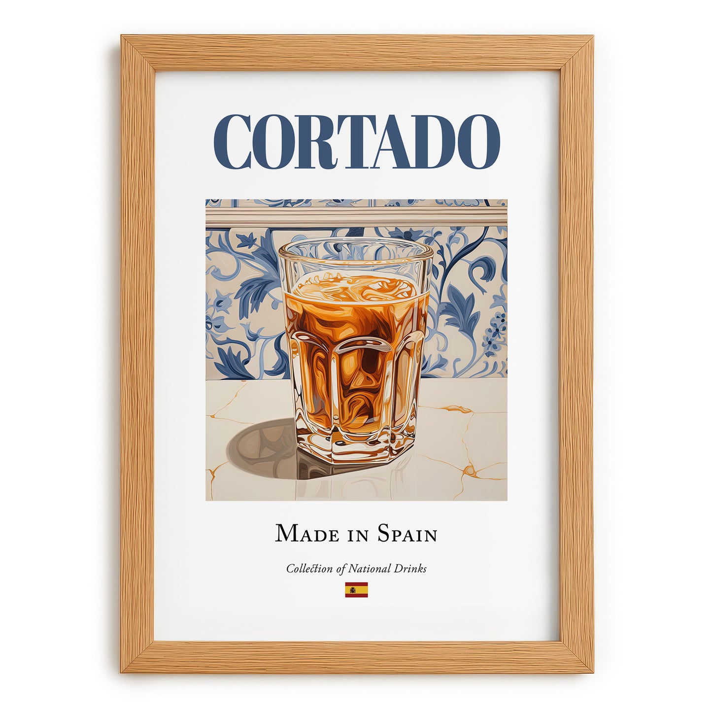 Cortado – Spanish Coffee, Espresso Bar Print, set in oak frame