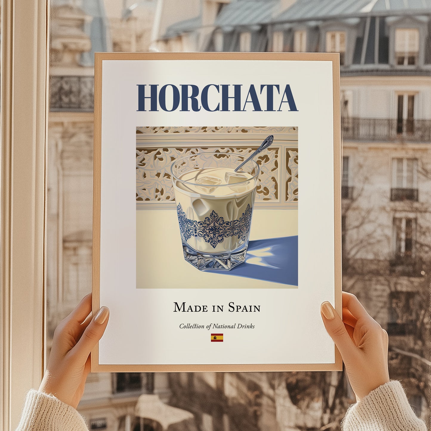 Horchata – Spanish Beverage Drink, Hotel Lobby Illustration, styled in a charming Paris street view