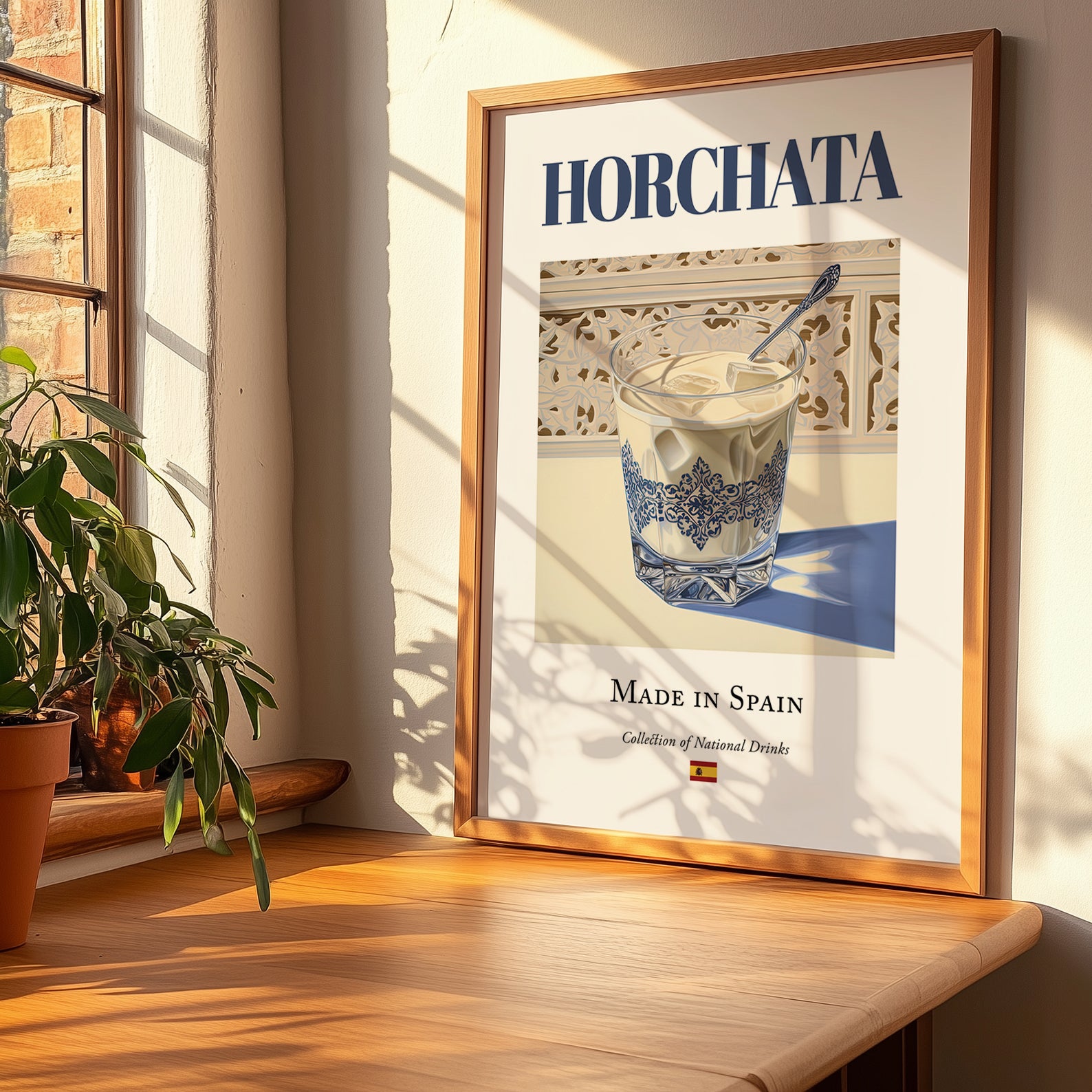 Horchata – Spanish Beverage Drink, Hotel Lobby Illustration, no-text version framed in wood