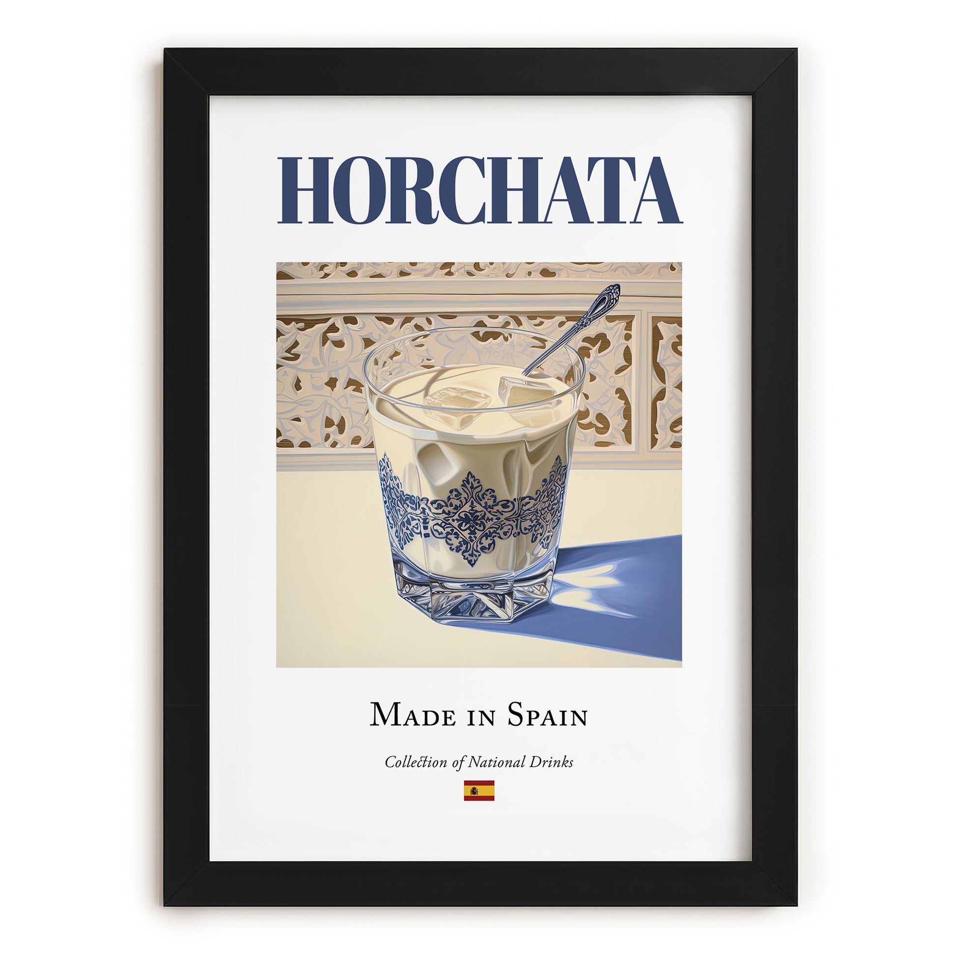 Horchata – Spanish Beverage Drink, Hotel Lobby Illustration, in sleek black frame