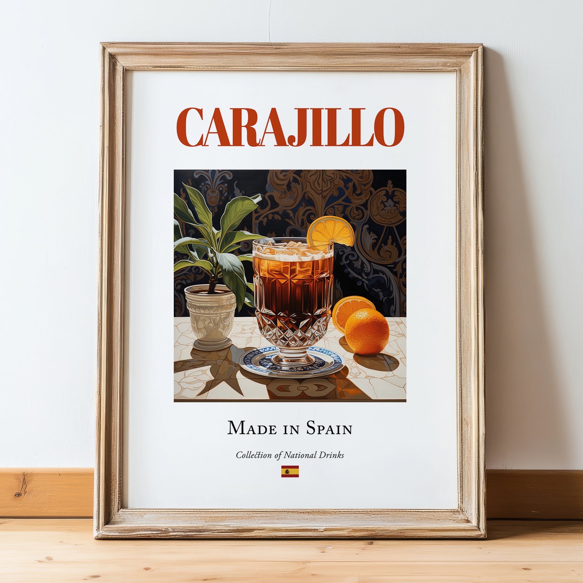 Carajillo – Spanish Coffee, Konditorei Still Life, in wooden frame leaning on the floor
