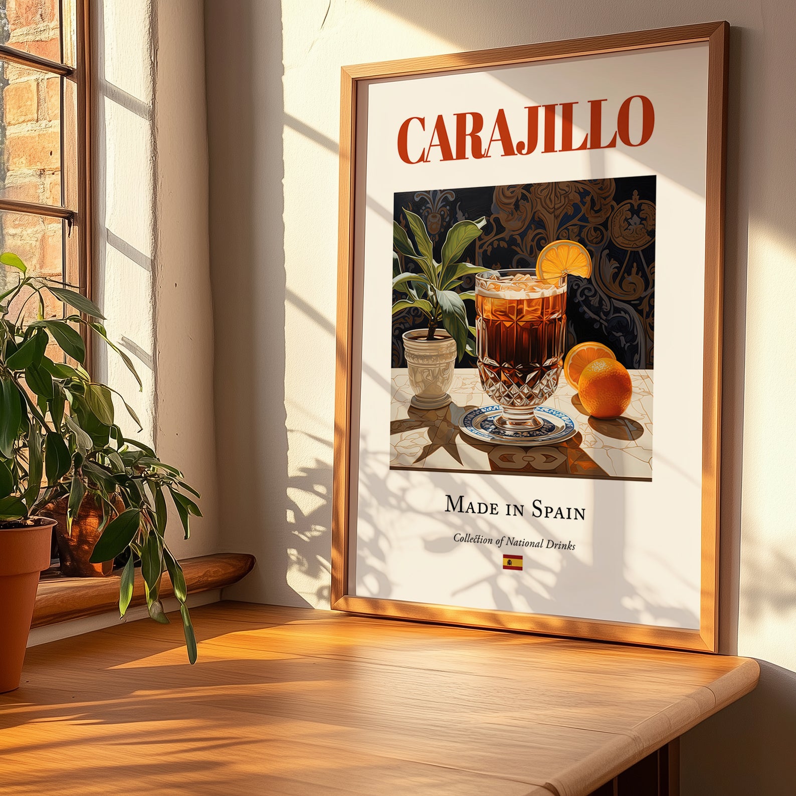 Carajillo – Spanish Coffee, Konditorei Still Life, no-text version framed in wood