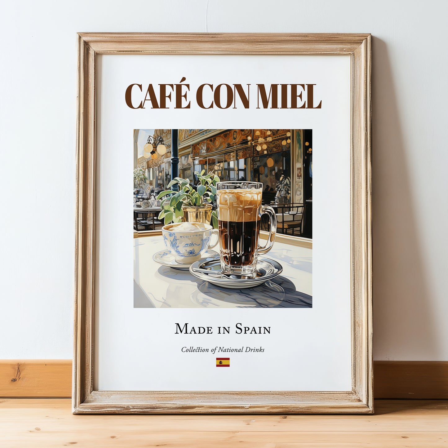 Café con miel – Spanish Coffee, Book Café Wall Decor, in wooden frame leaning on the floor