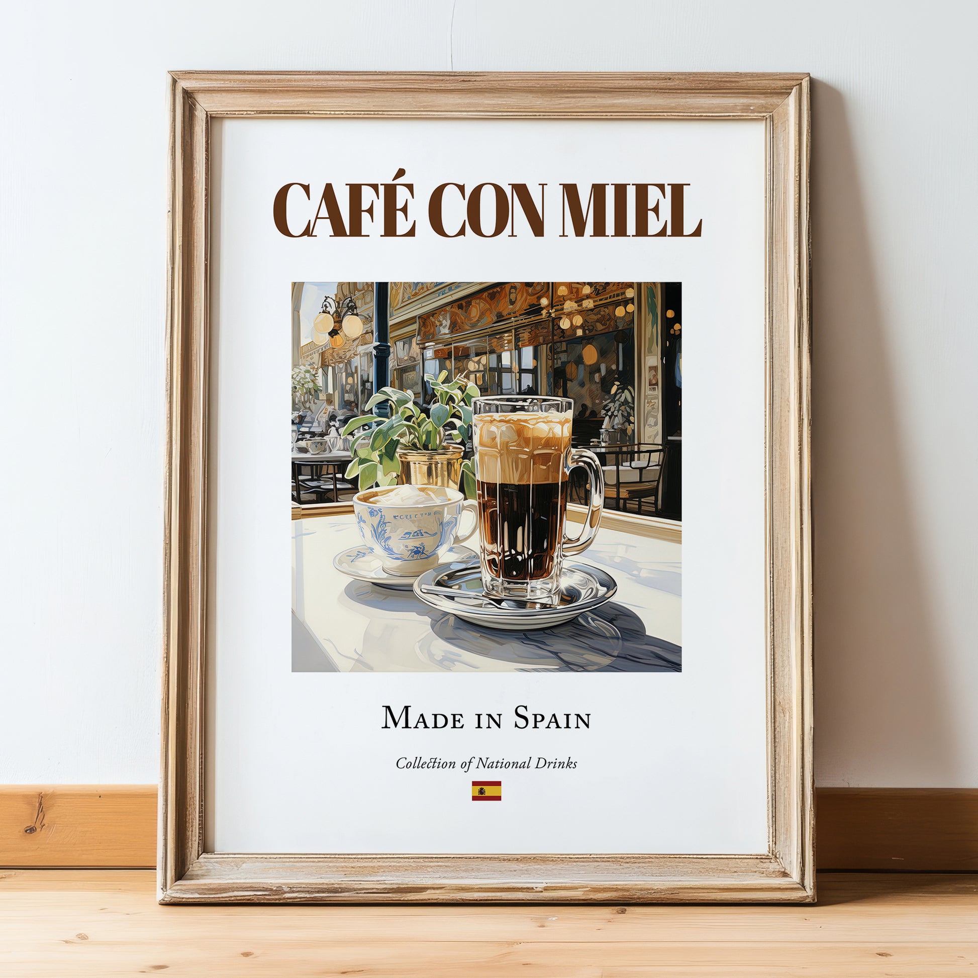 Café con miel – Spanish Coffee, Book Café Wall Decor, in wooden frame leaning on the floor