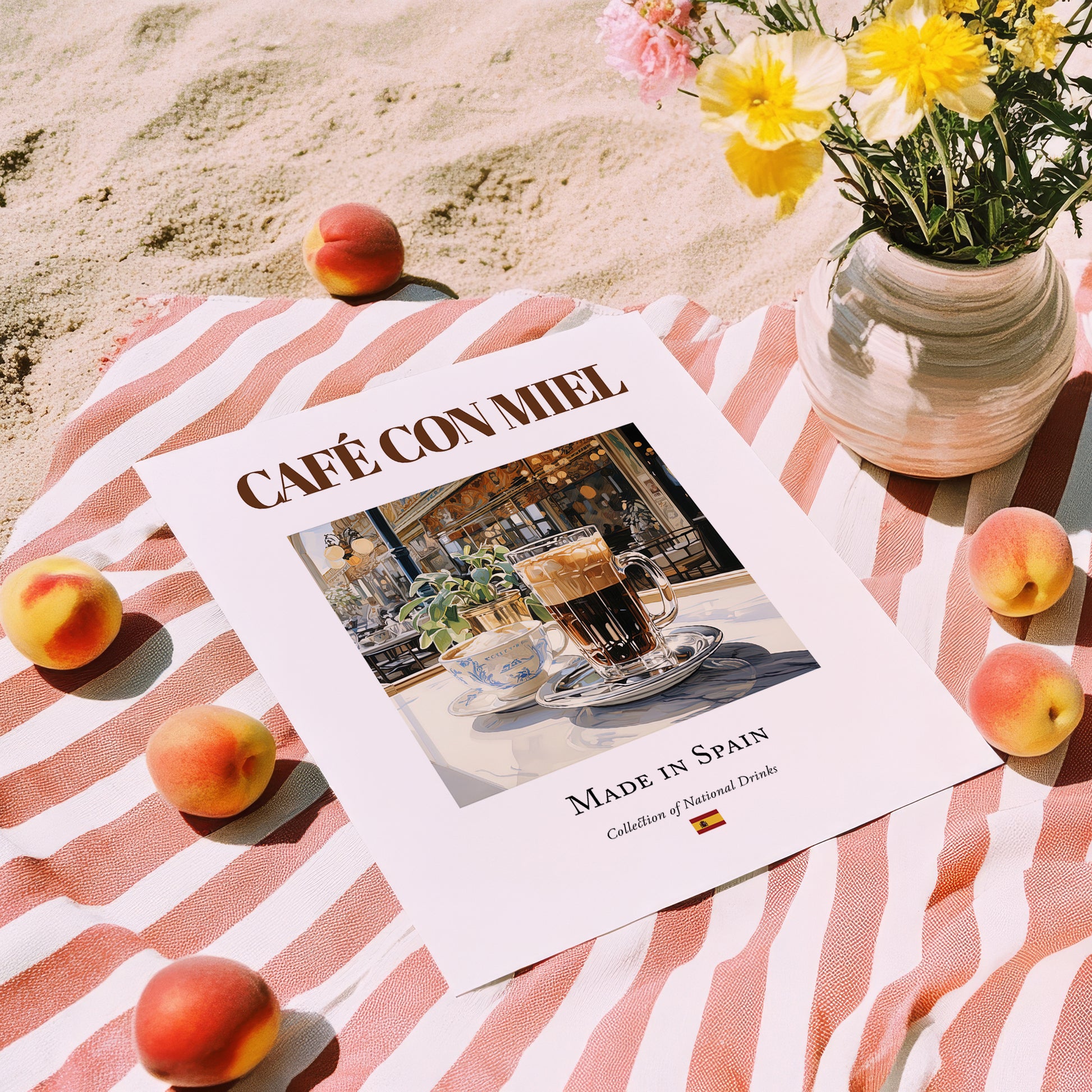 Café con miel – Spanish Coffee, Book Café Wall Decor, unframed on coastal sand