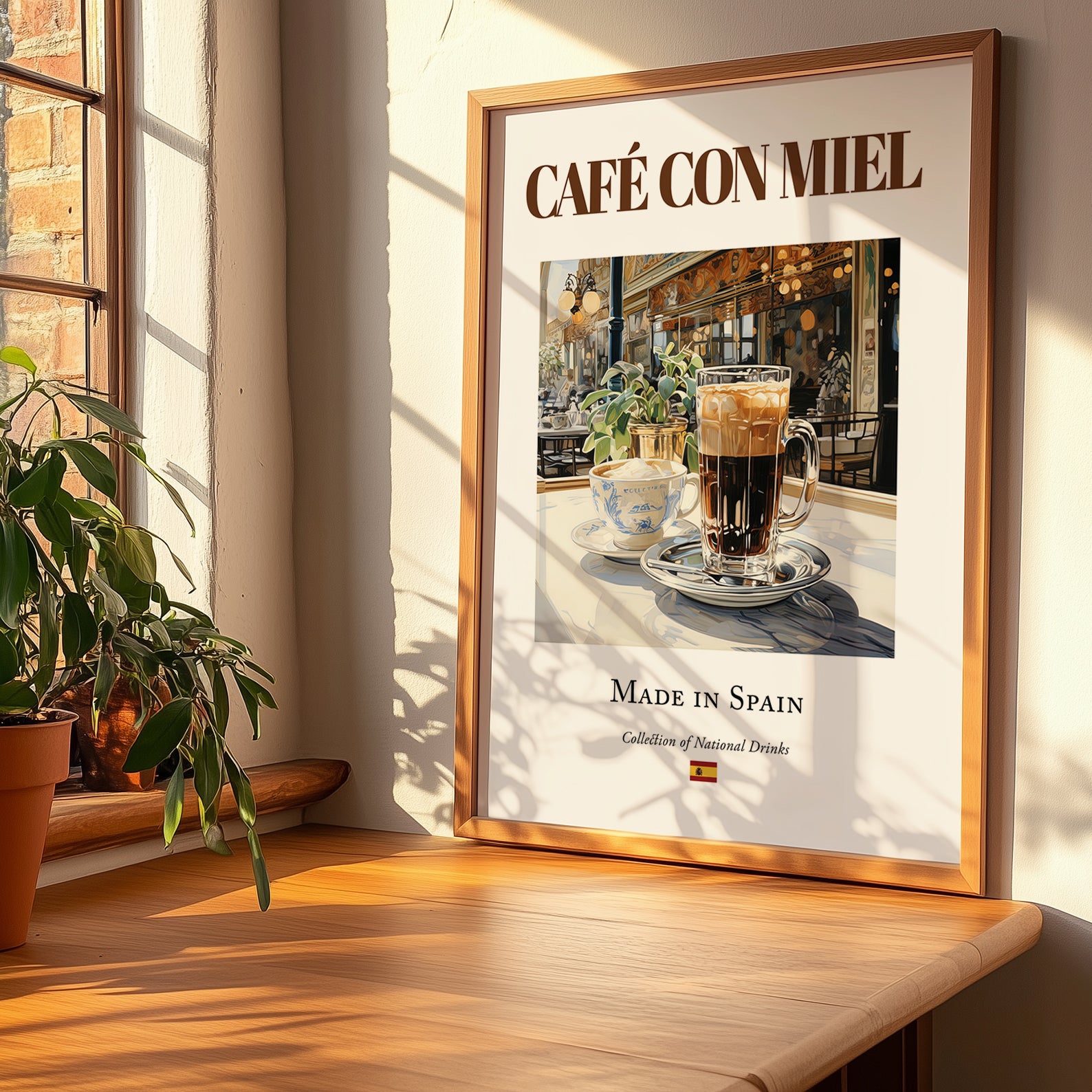 Café con miel – Spanish Coffee, Book Café Wall Decor, no-text version framed in wood