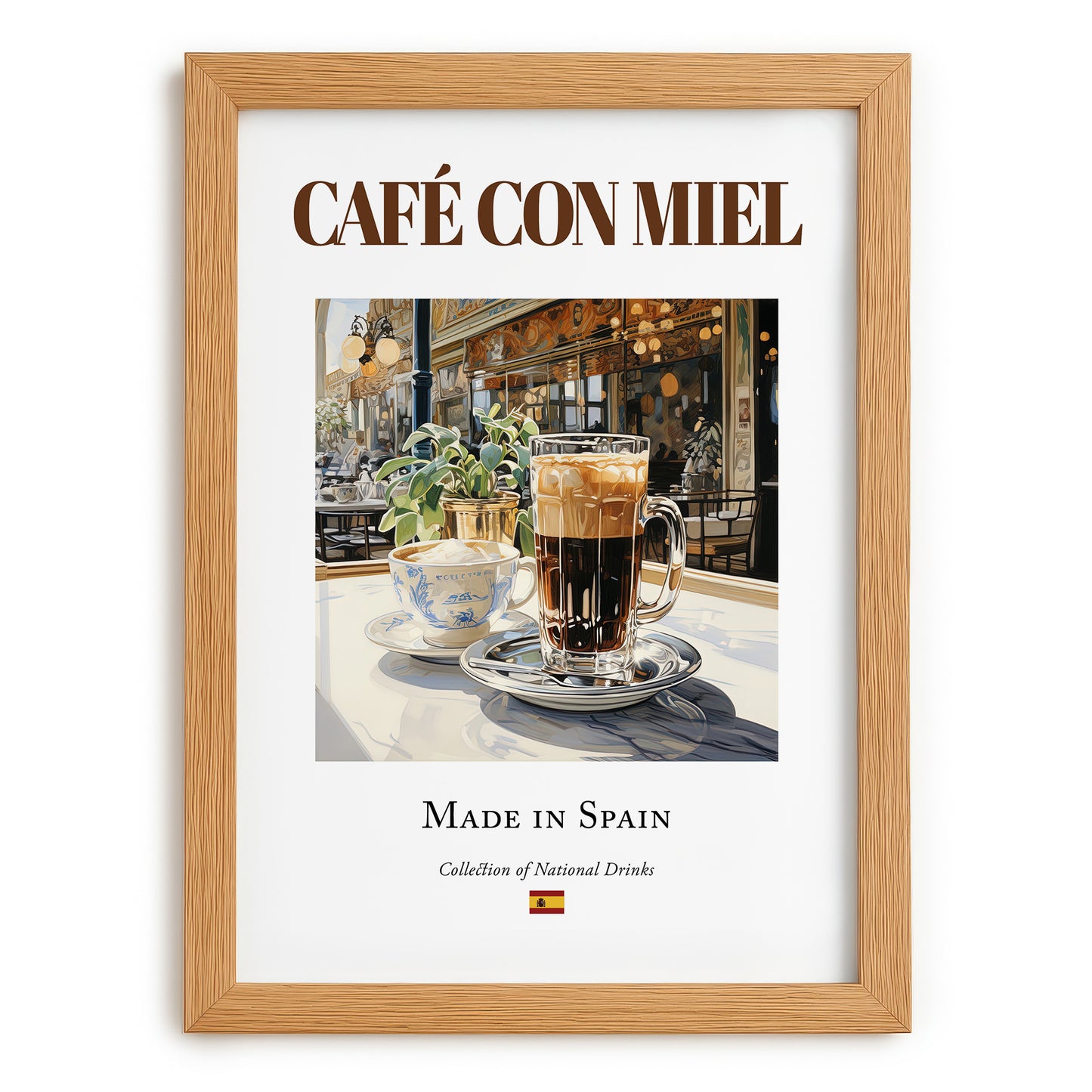 Café con miel – Spanish Coffee, Book Café Wall Decor, set in oak frame
