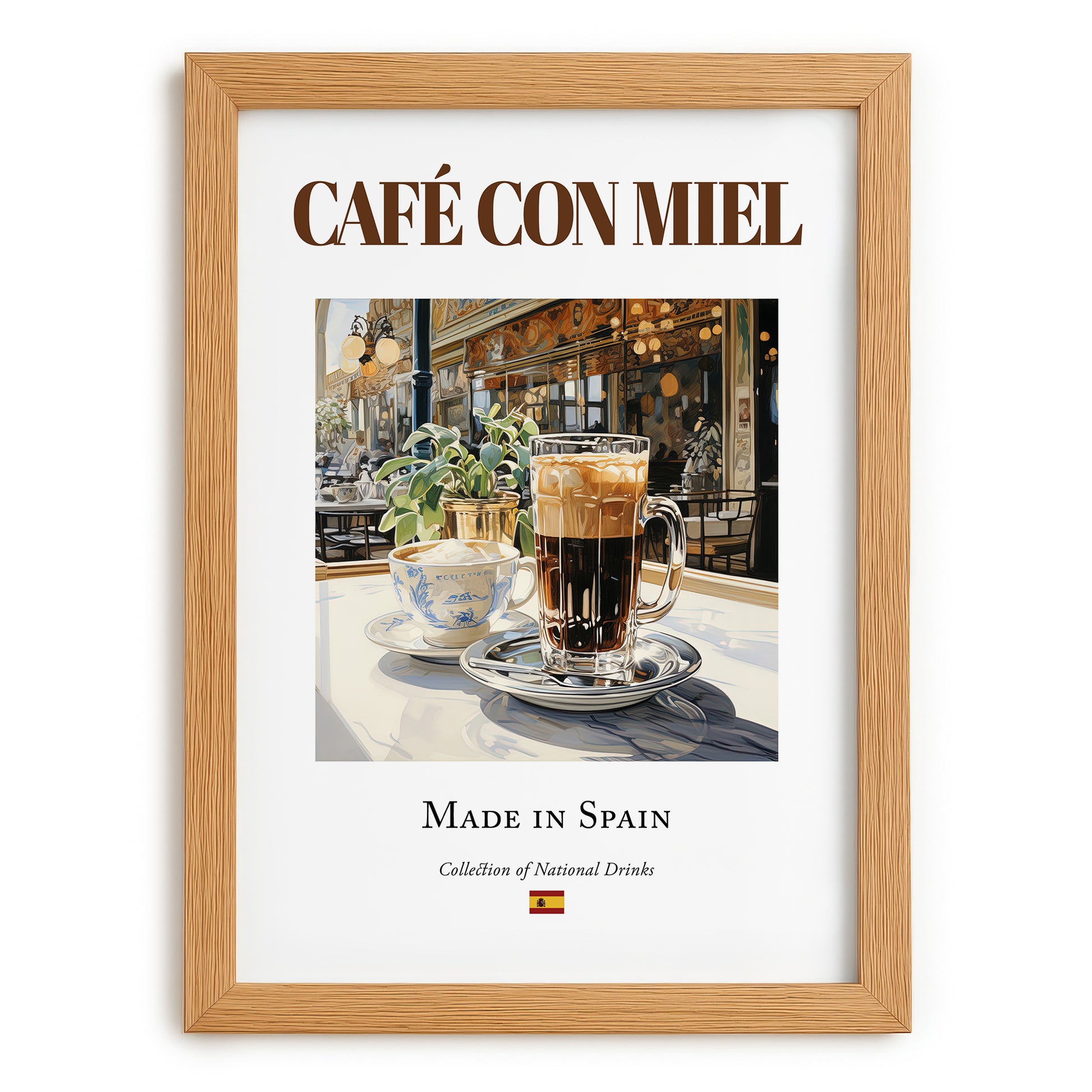 Café con miel – Spanish Coffee, Book Café Wall Decor, set in oak frame