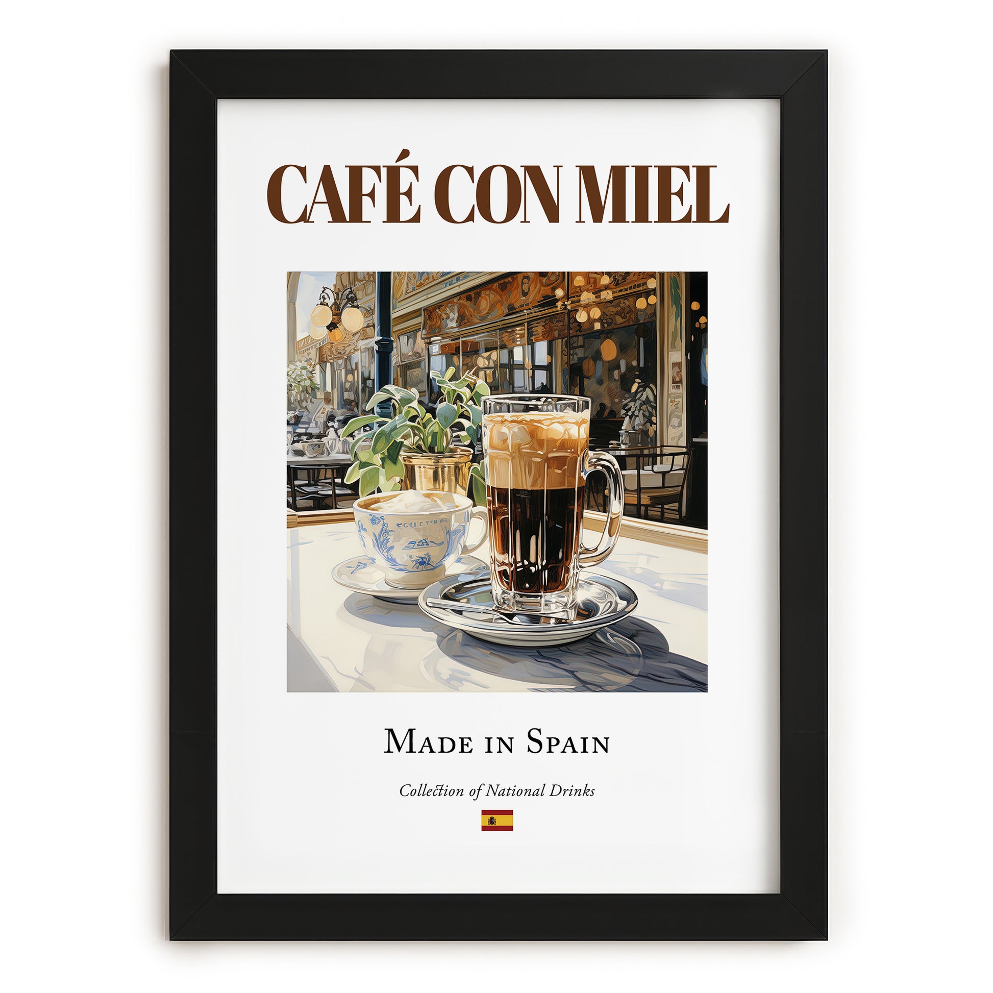 Café con miel – Spanish Coffee, Book Café Wall Decor, in sleek black frame