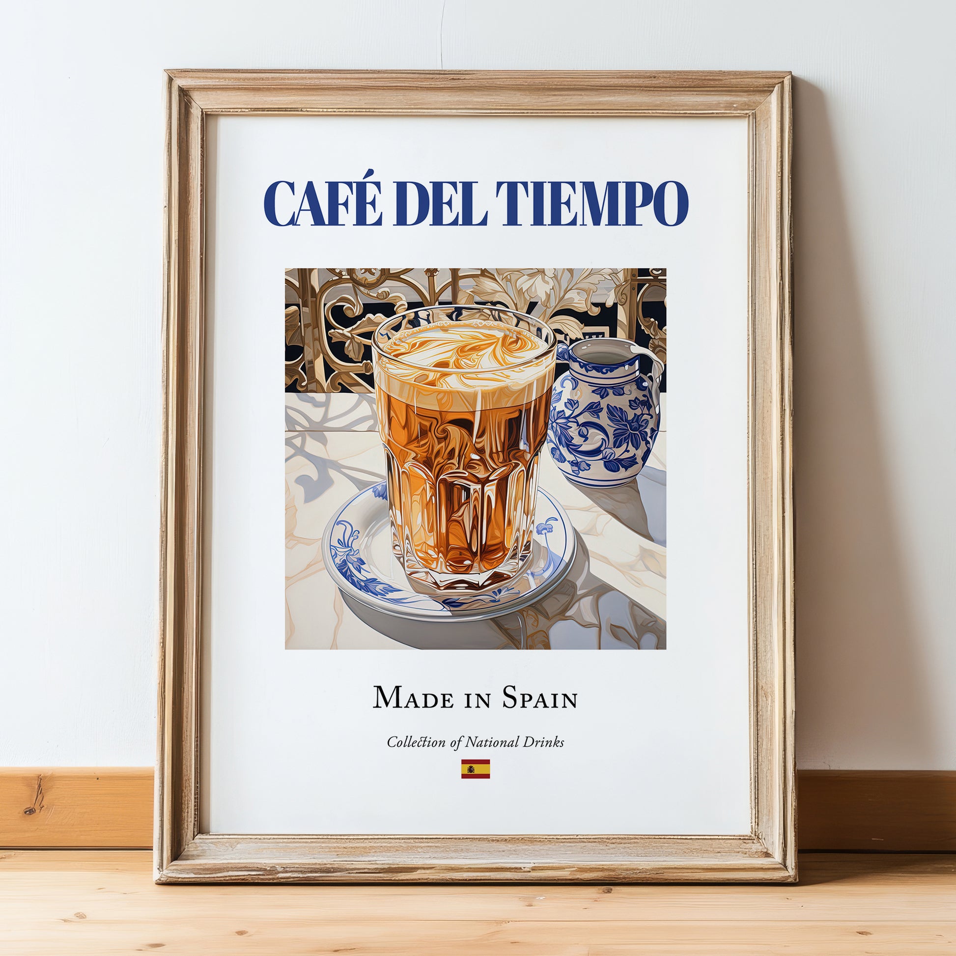 Café del tiempo – Spanish Coffee, Coffeehouse Art, in wooden frame leaning on the floor