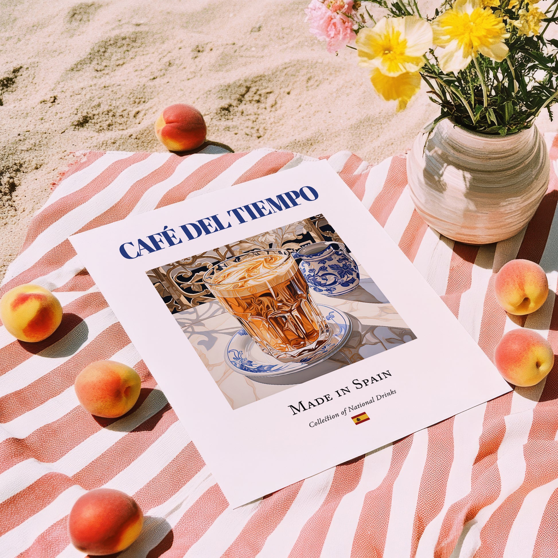 Café del tiempo – Spanish Coffee, Coffeehouse Art, unframed on coastal sand