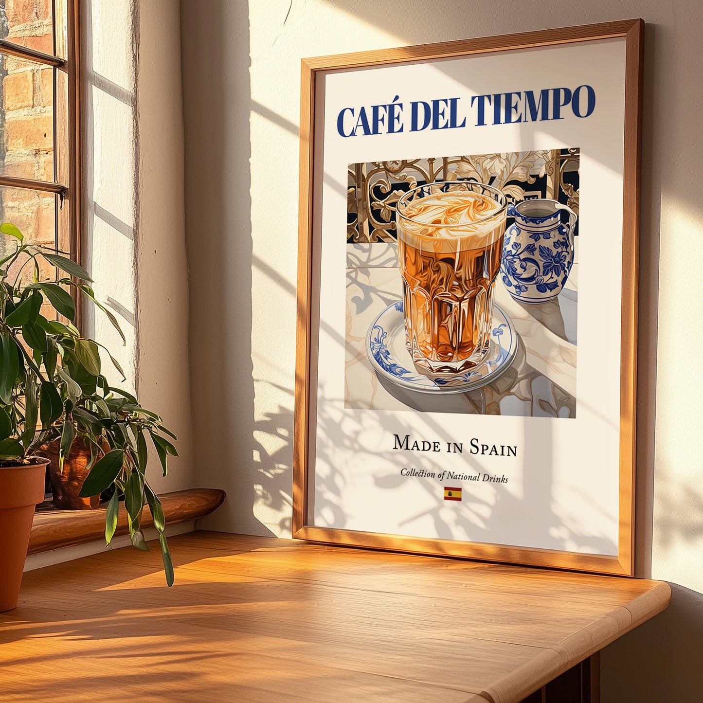 Café del tiempo – Spanish Coffee, Coffeehouse Art, no-text version framed in wood