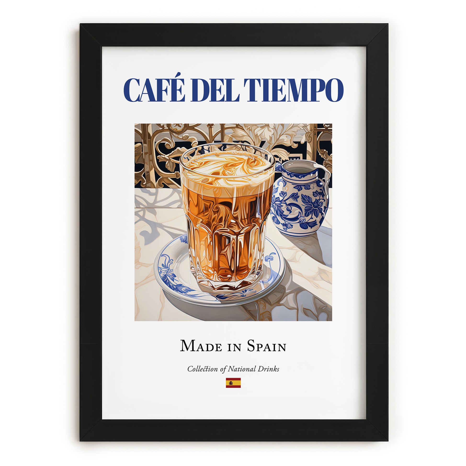 Café del tiempo – Spanish Coffee, Coffeehouse Art, in sleek black frame
