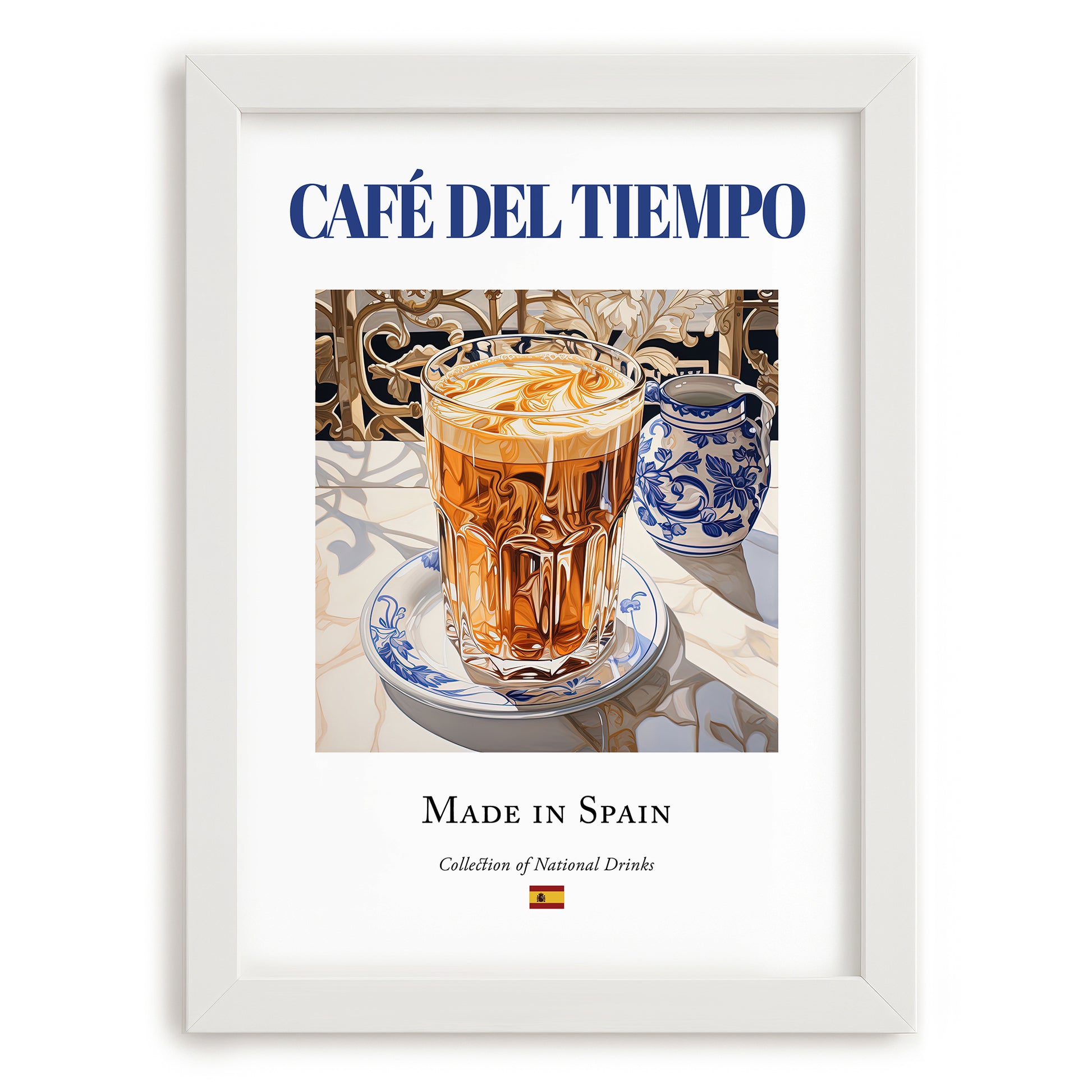 Café del tiempo – Spanish Coffee, Coffeehouse Art, placed in minimal white frame