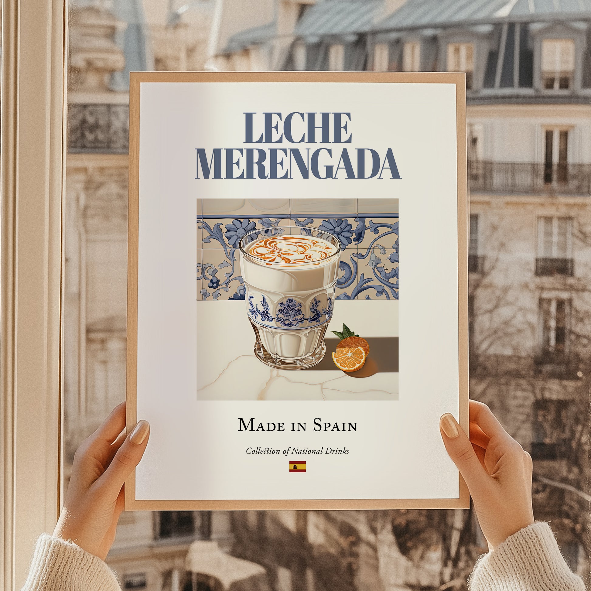 Leche merengada – Spanish Beverage Drink, Rooftop Terrace Poster, styled in a charming Paris street view