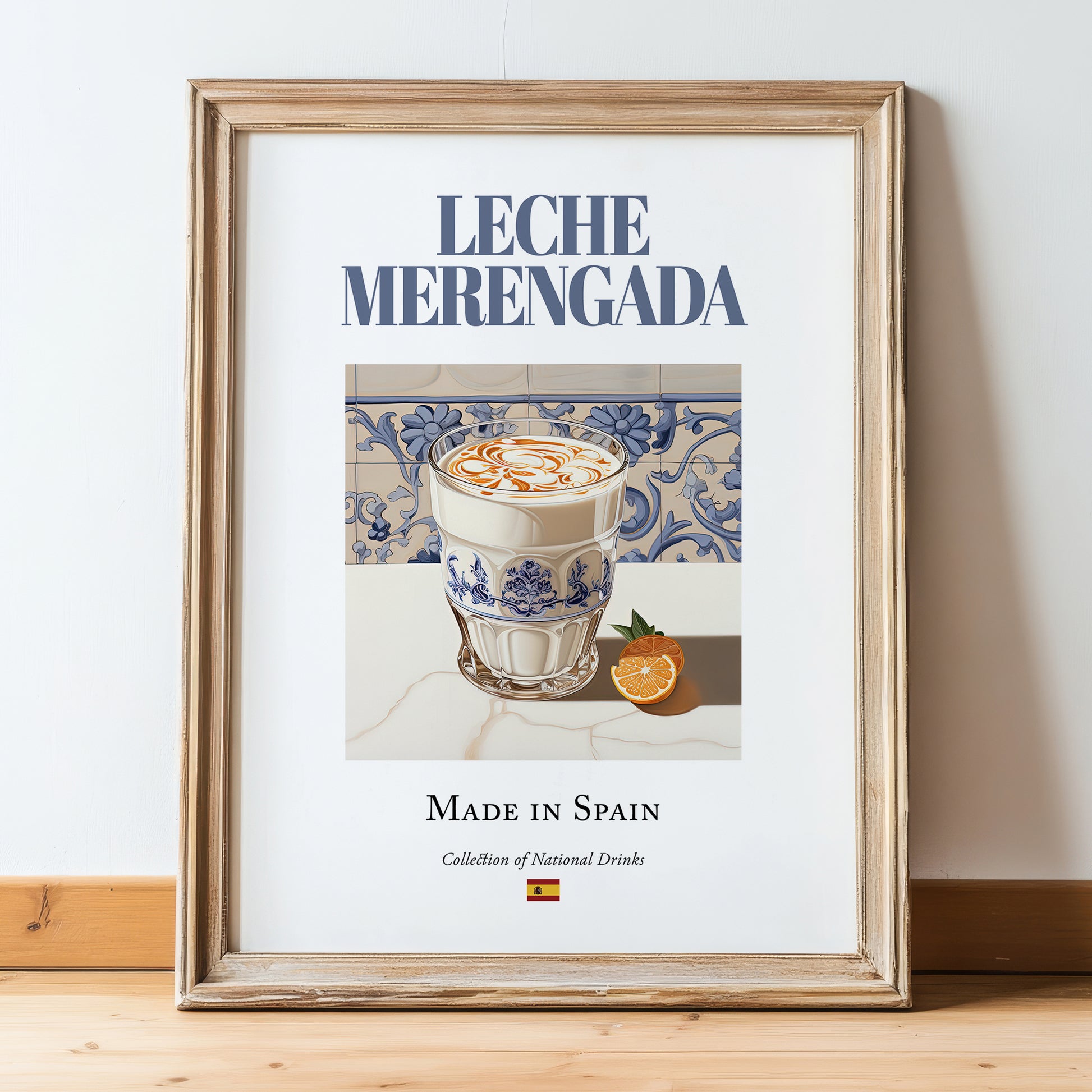 Leche merengada – Spanish Beverage Drink, Rooftop Terrace Poster, in wooden frame leaning on the floor
