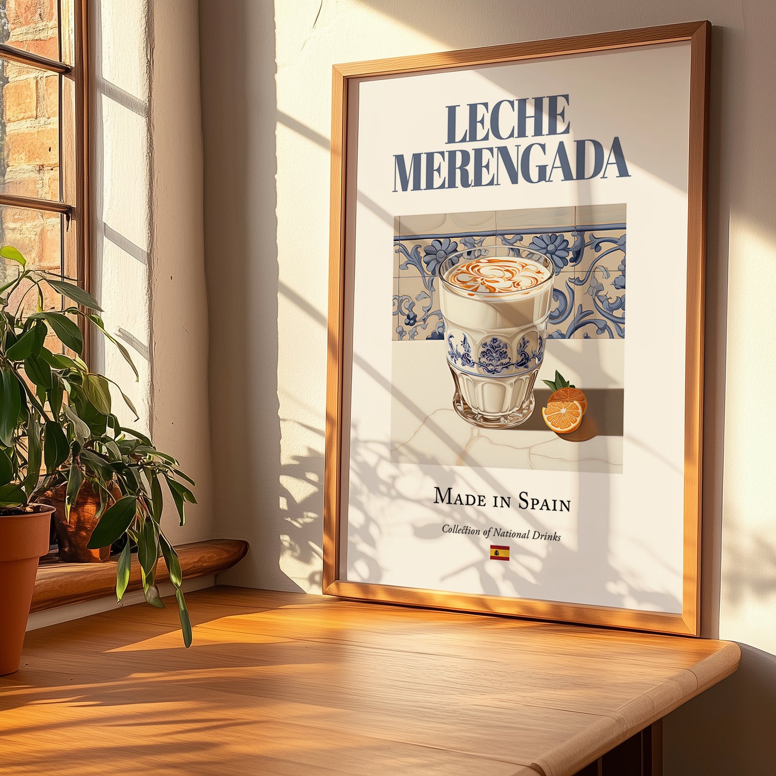 Leche merengada – Spanish Beverage Drink, Rooftop Terrace Poster, no-text version framed in wood