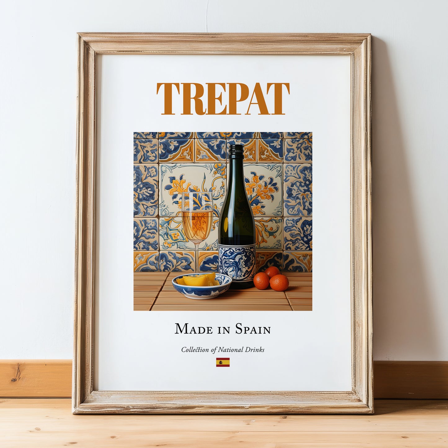 Trepat – Spanish Red Wine, Vineyard Terrace Print, in wooden frame leaning on the floor