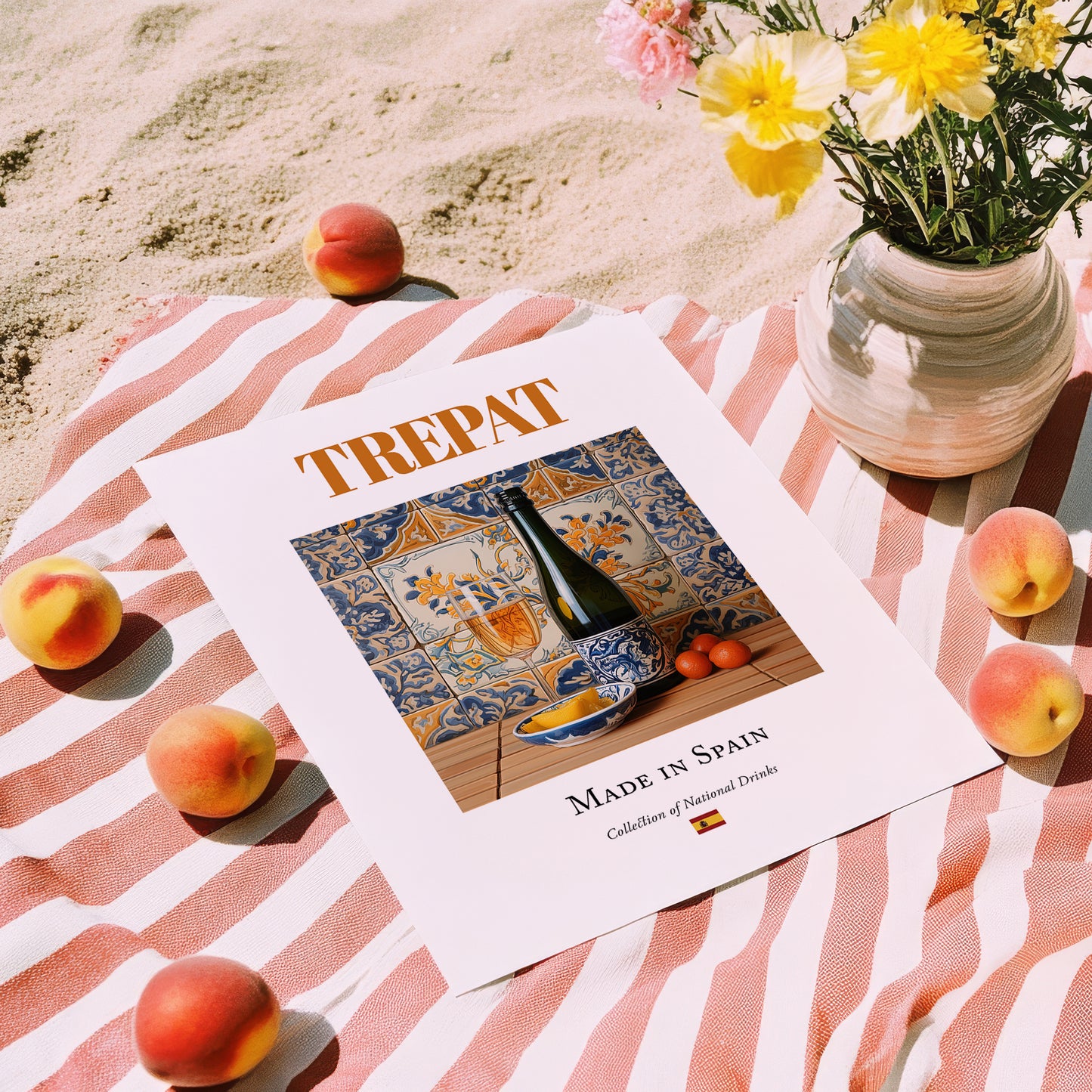 Trepat – Spanish Red Wine, Vineyard Terrace Print, unframed on coastal sand