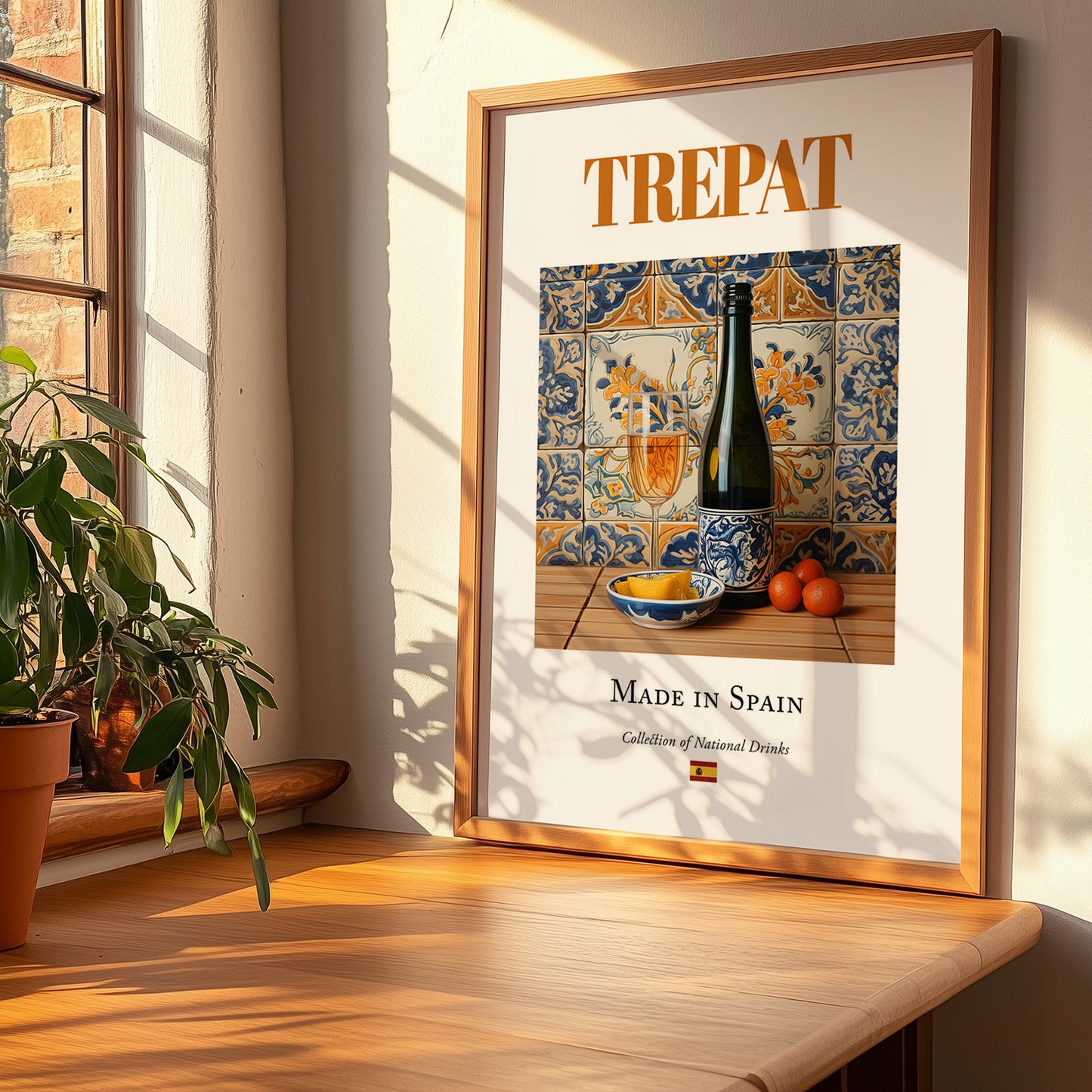Trepat – Spanish Red Wine, Vineyard Terrace Print, no-text version framed in wood