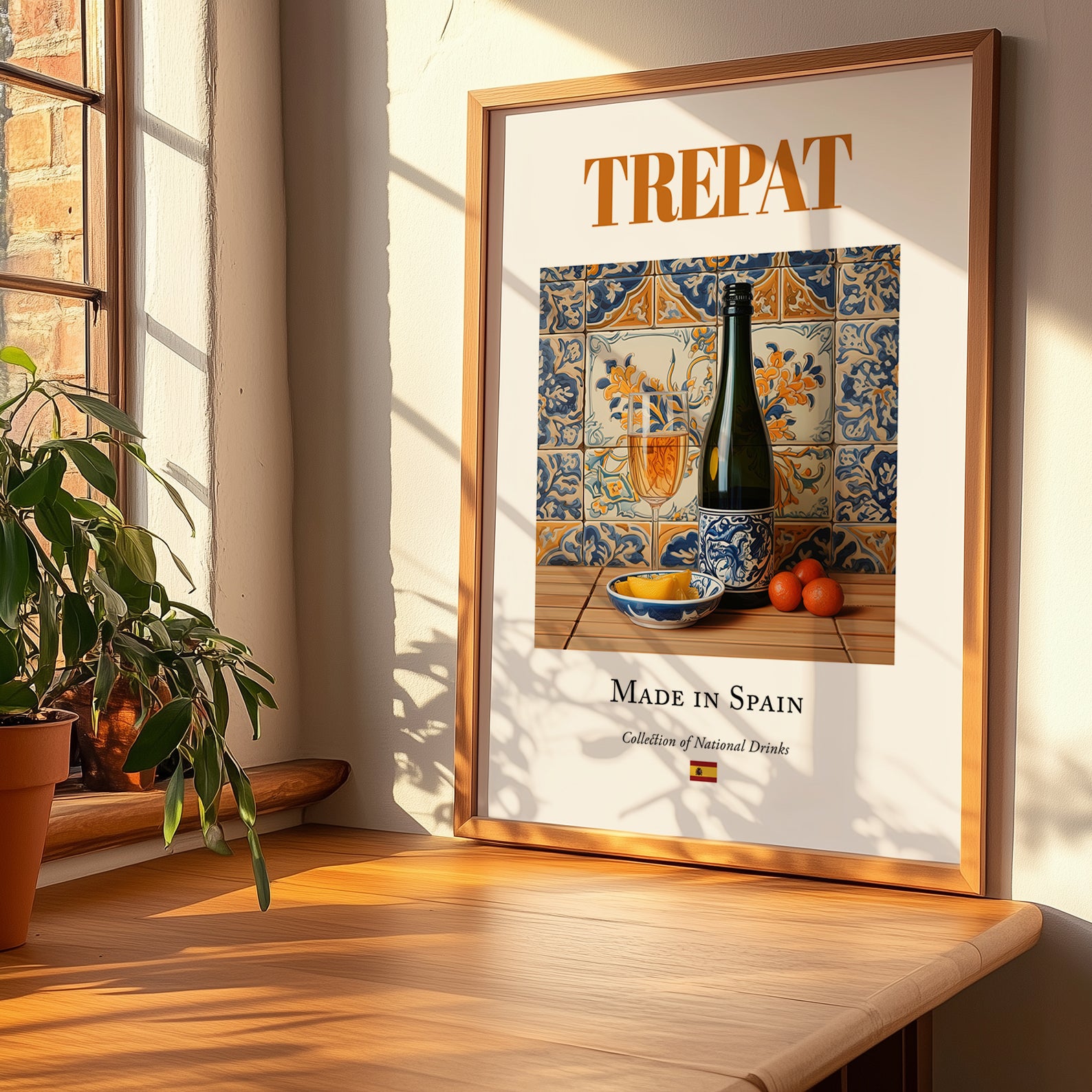 Trepat – Spanish Red Wine, Vineyard Terrace Print, no-text version framed in wood