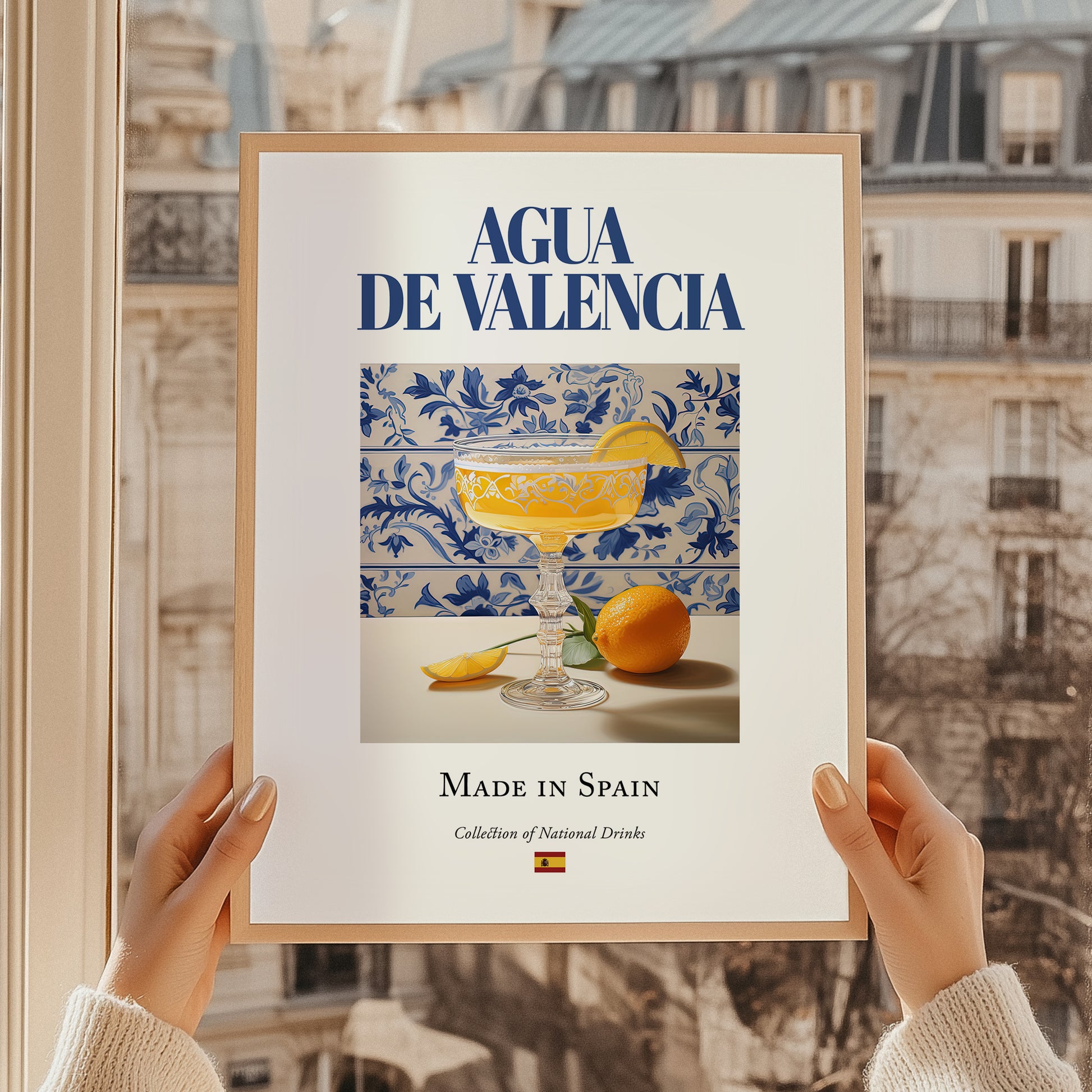 Agua de Valencia – Spanish Cocktail Drink, Rooftop Terrace Poster, styled in a charming Paris street view