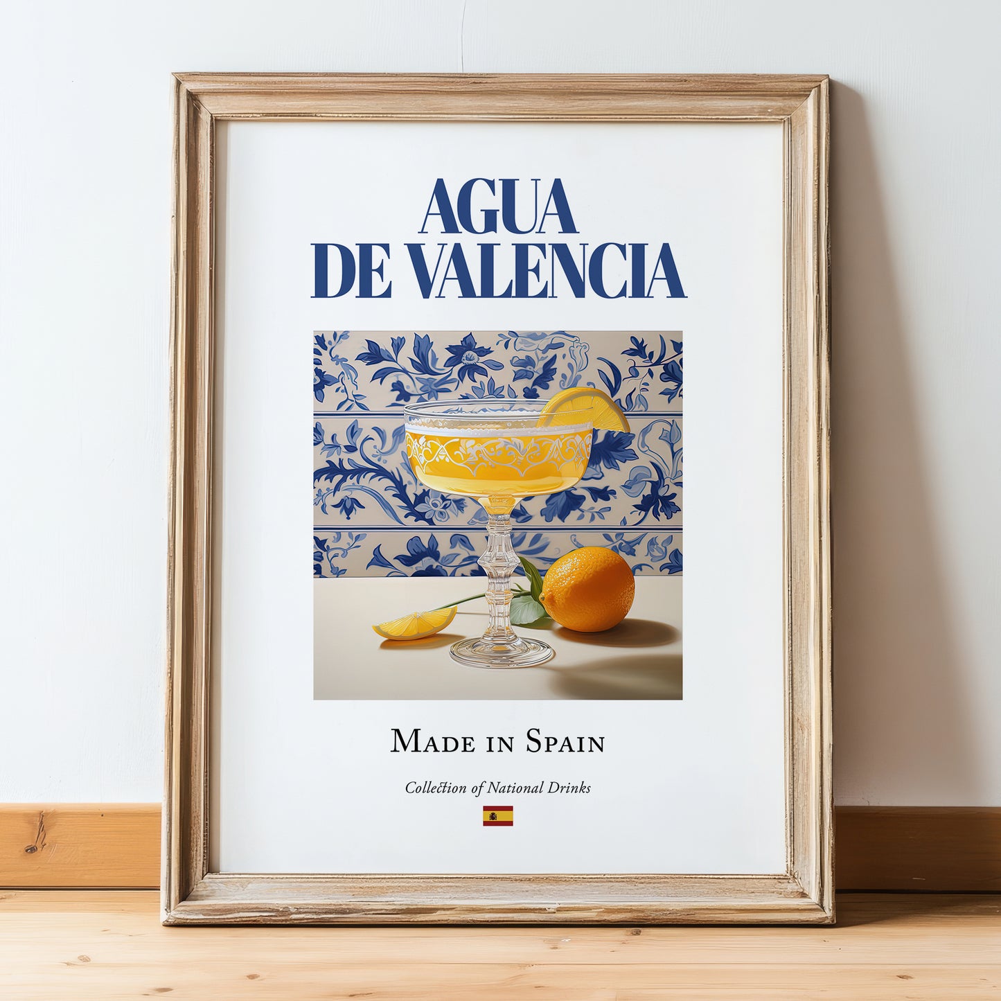 Agua de Valencia – Spanish Cocktail Drink, Rooftop Terrace Poster, in wooden frame leaning on the floor