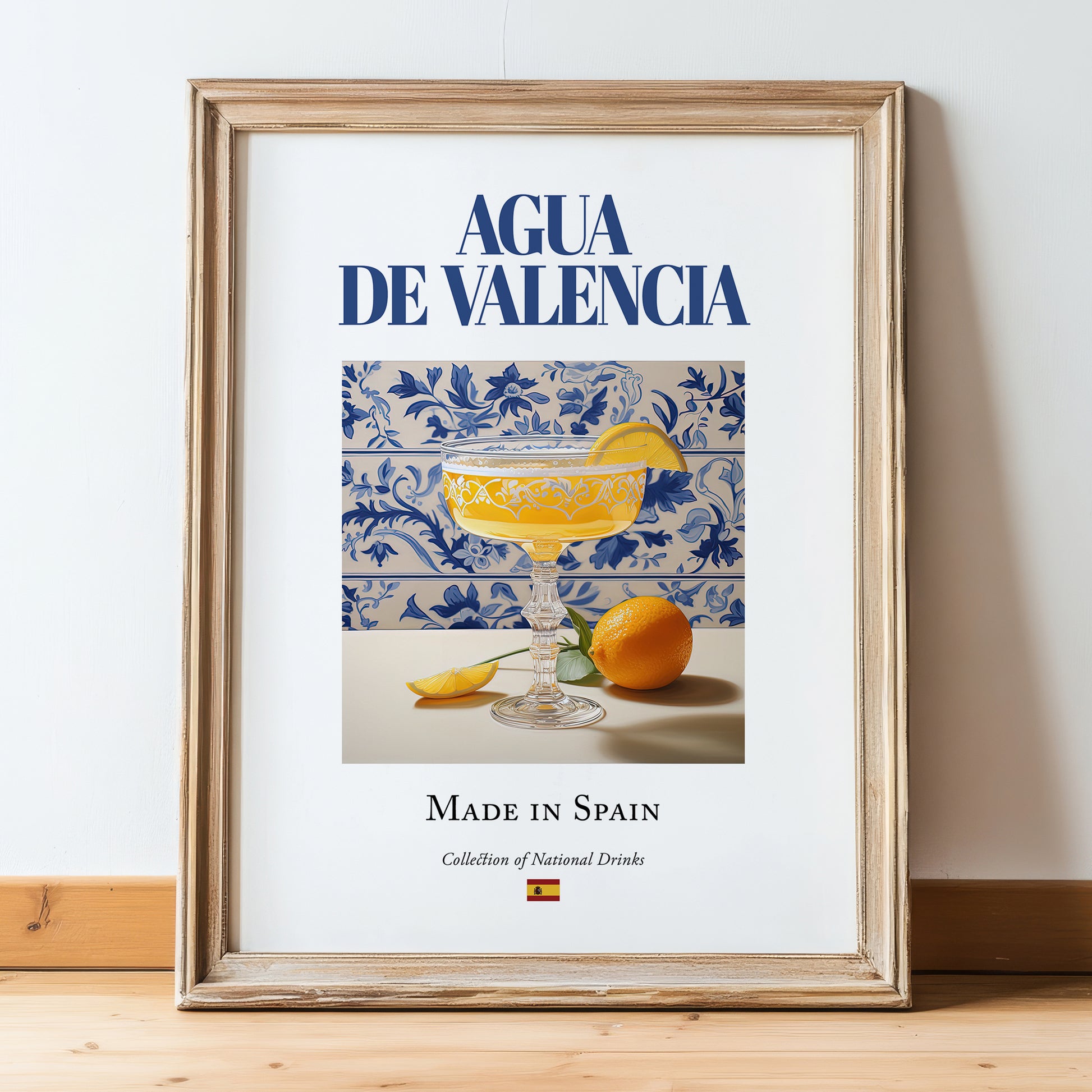 Agua de Valencia – Spanish Cocktail Drink, Rooftop Terrace Poster, in wooden frame leaning on the floor