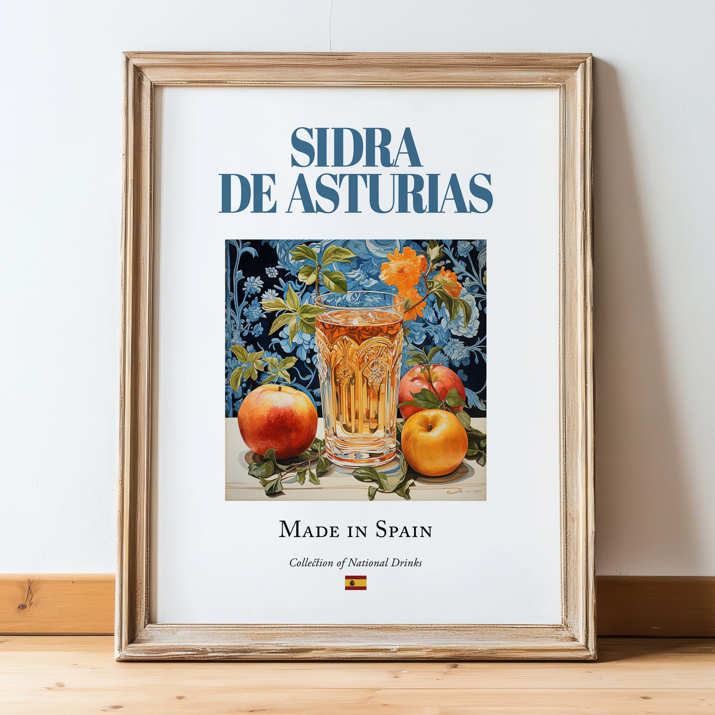 Sidra de Asturias – Spanish Cider Cider, Farmers’ Market Stall Print, in wooden frame leaning on the floor