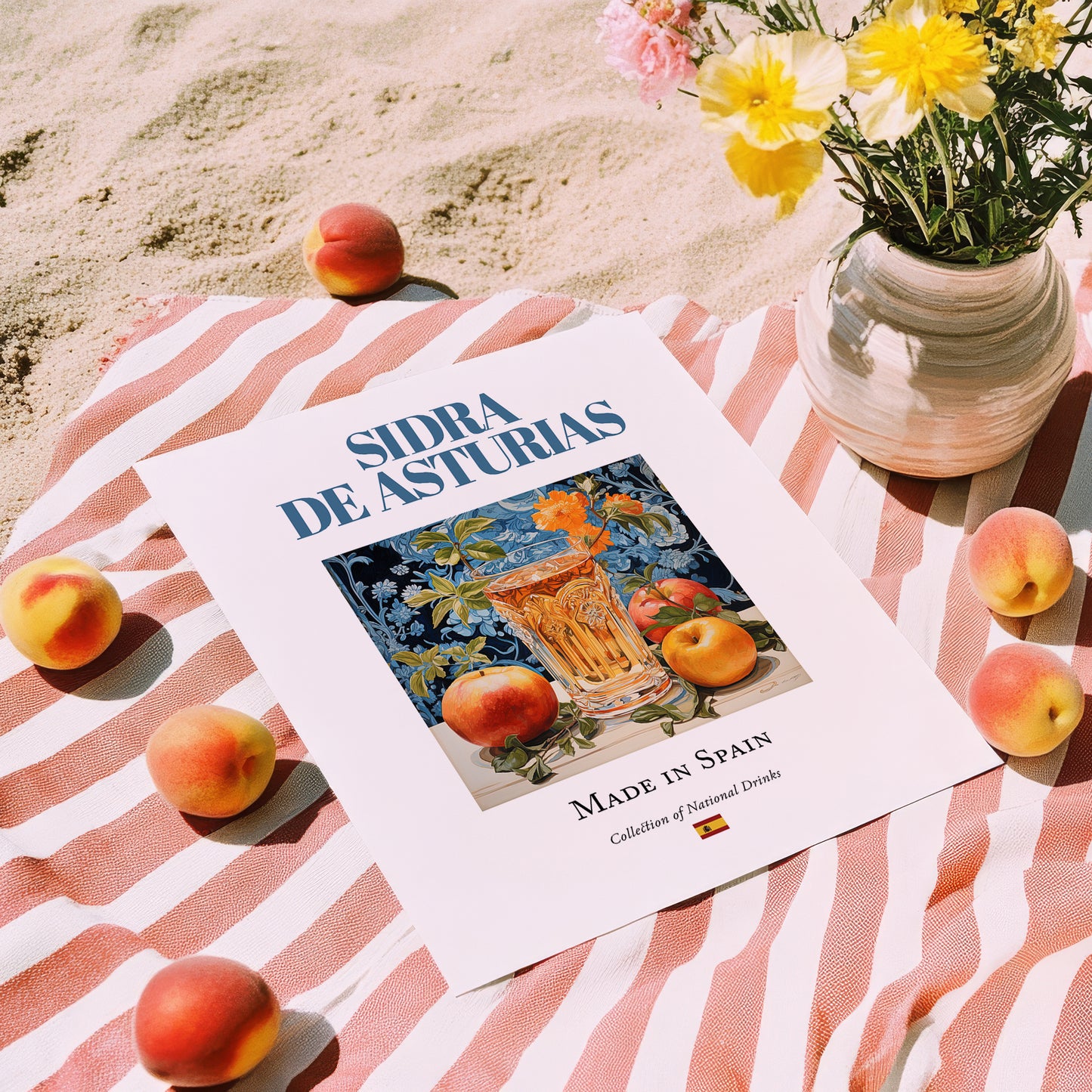 Sidra de Asturias – Spanish Cider Cider, Farmers’ Market Stall Print, unframed on coastal sand