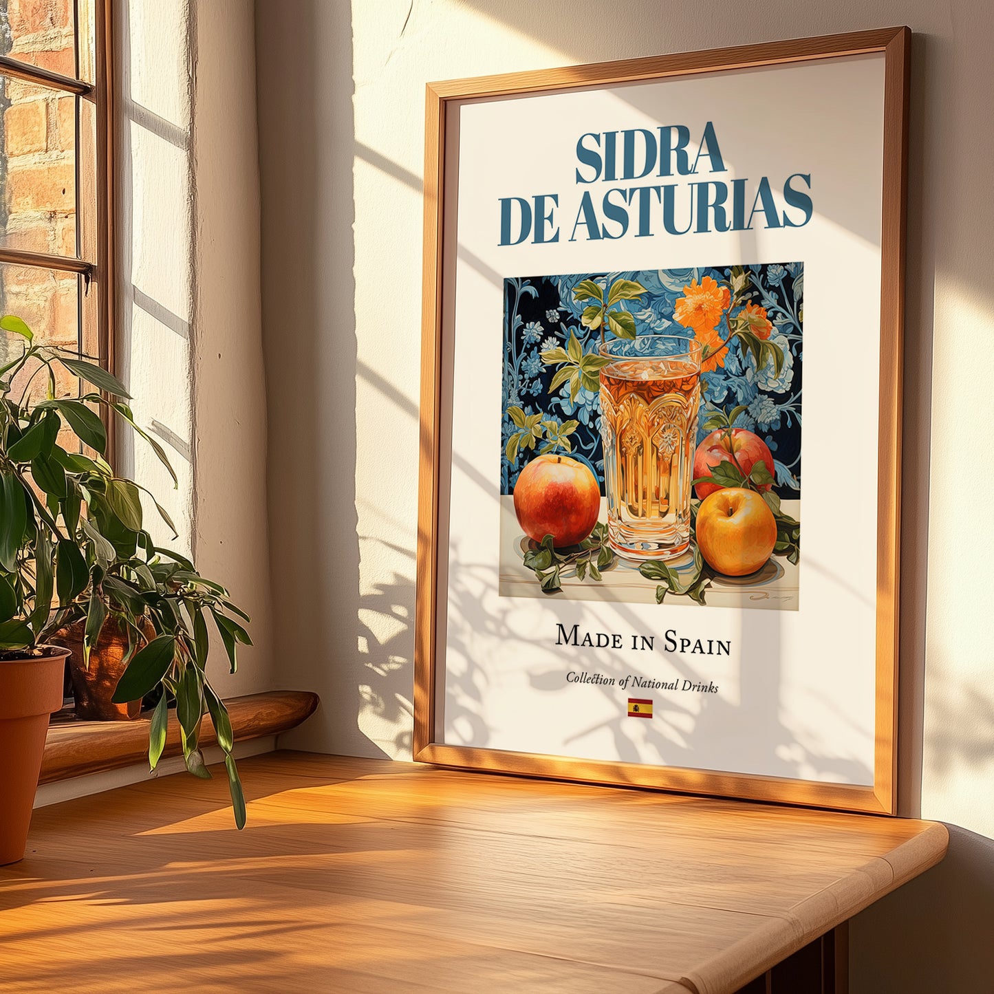 Sidra de Asturias – Spanish Cider Cider, Farmers’ Market Stall Print, no-text version framed in wood