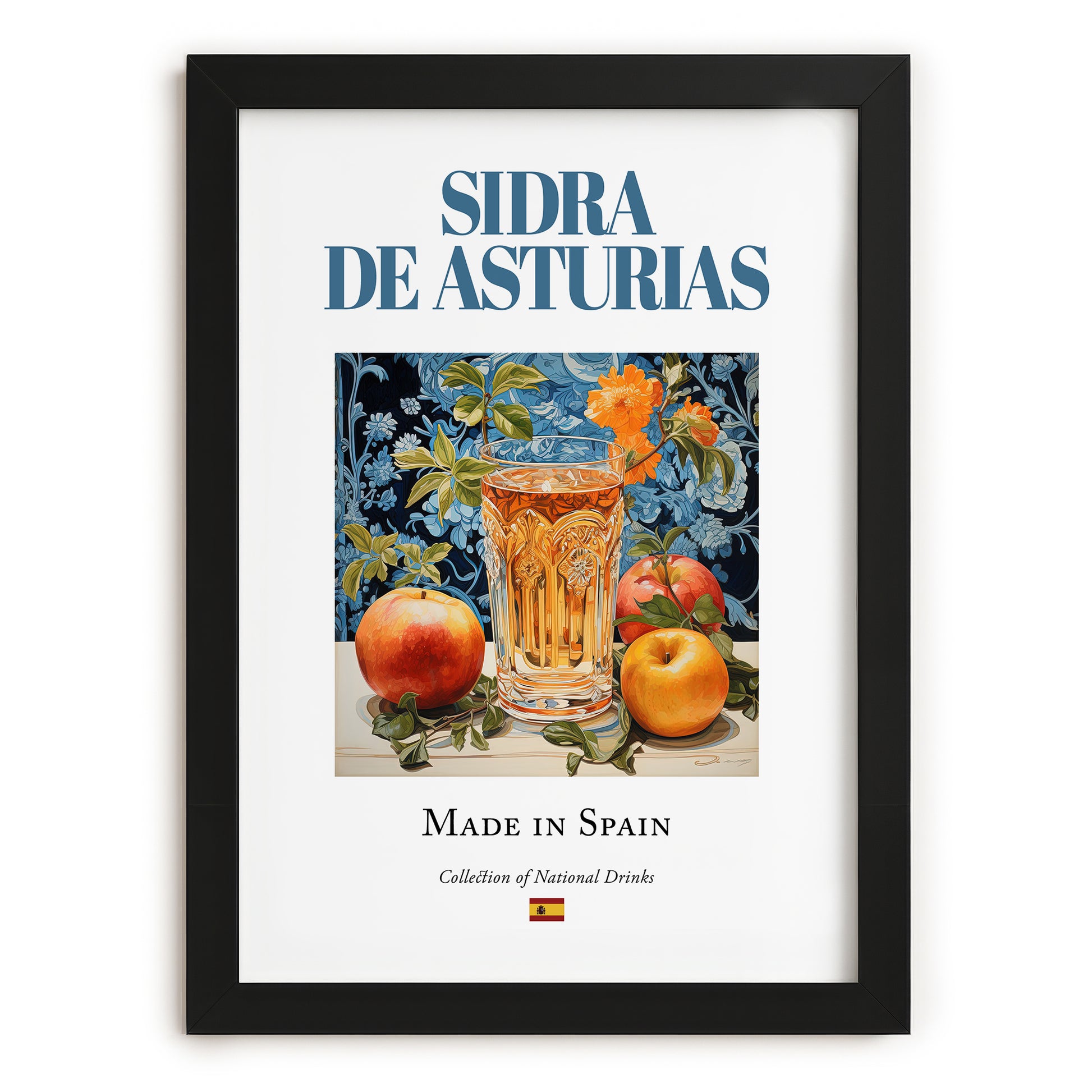 Sidra de Asturias – Spanish Cider Cider, Farmers’ Market Stall Print, in sleek black frame