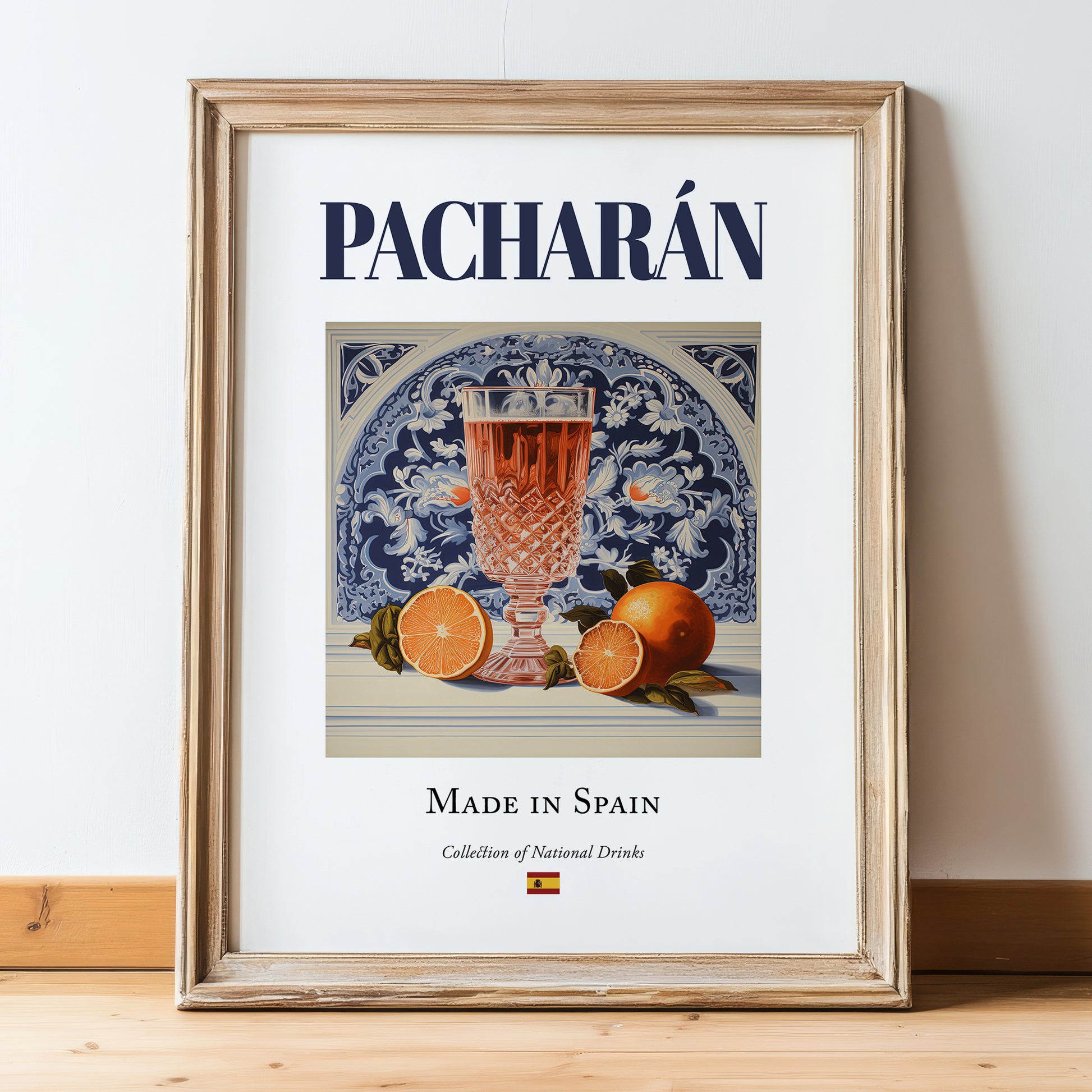 Pacharán – Spanish Liqueur Drink, Jazz Bar Poster, in wooden frame leaning on the floor