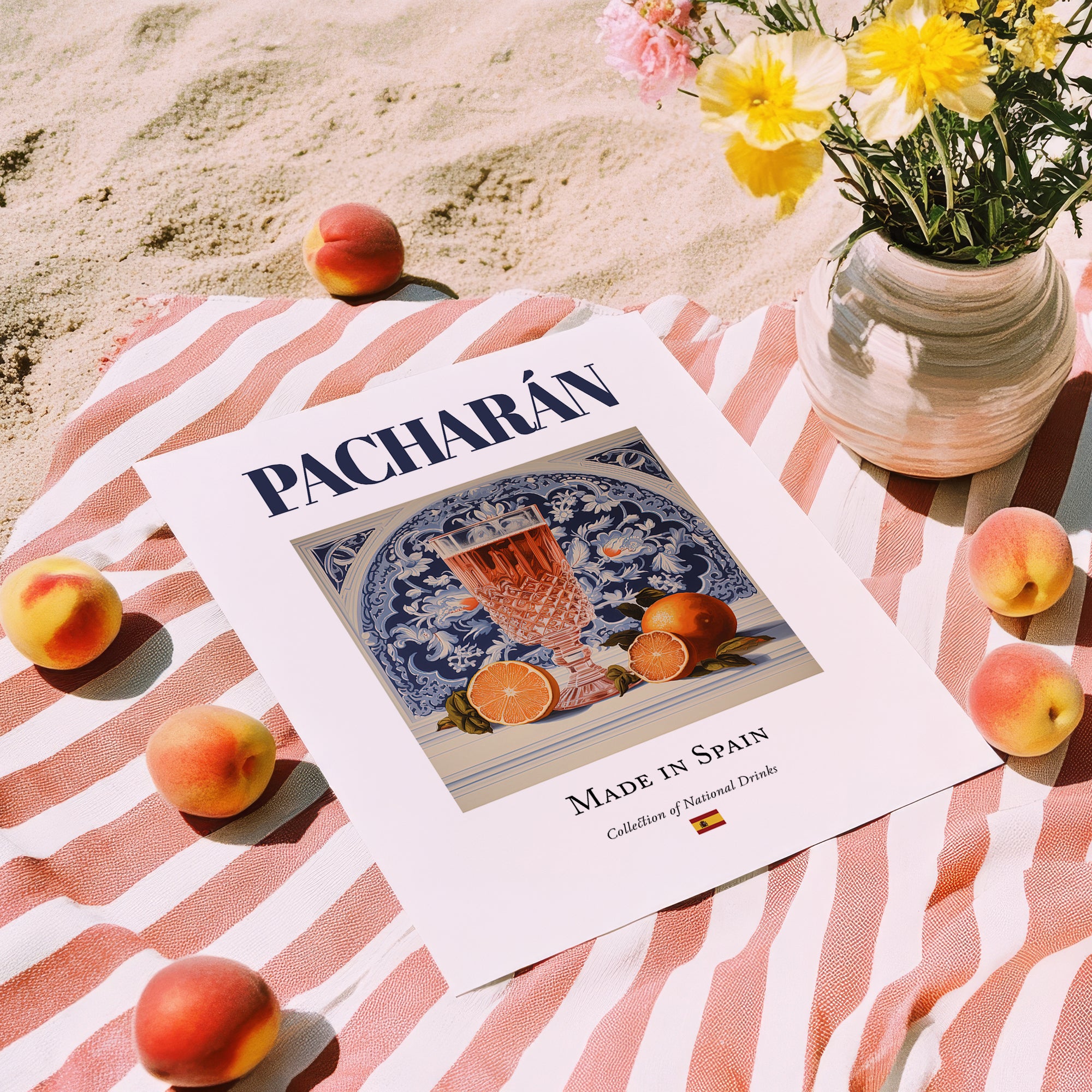 Pacharán – Spanish Liqueur Drink, Jazz Bar Poster, unframed on coastal sand