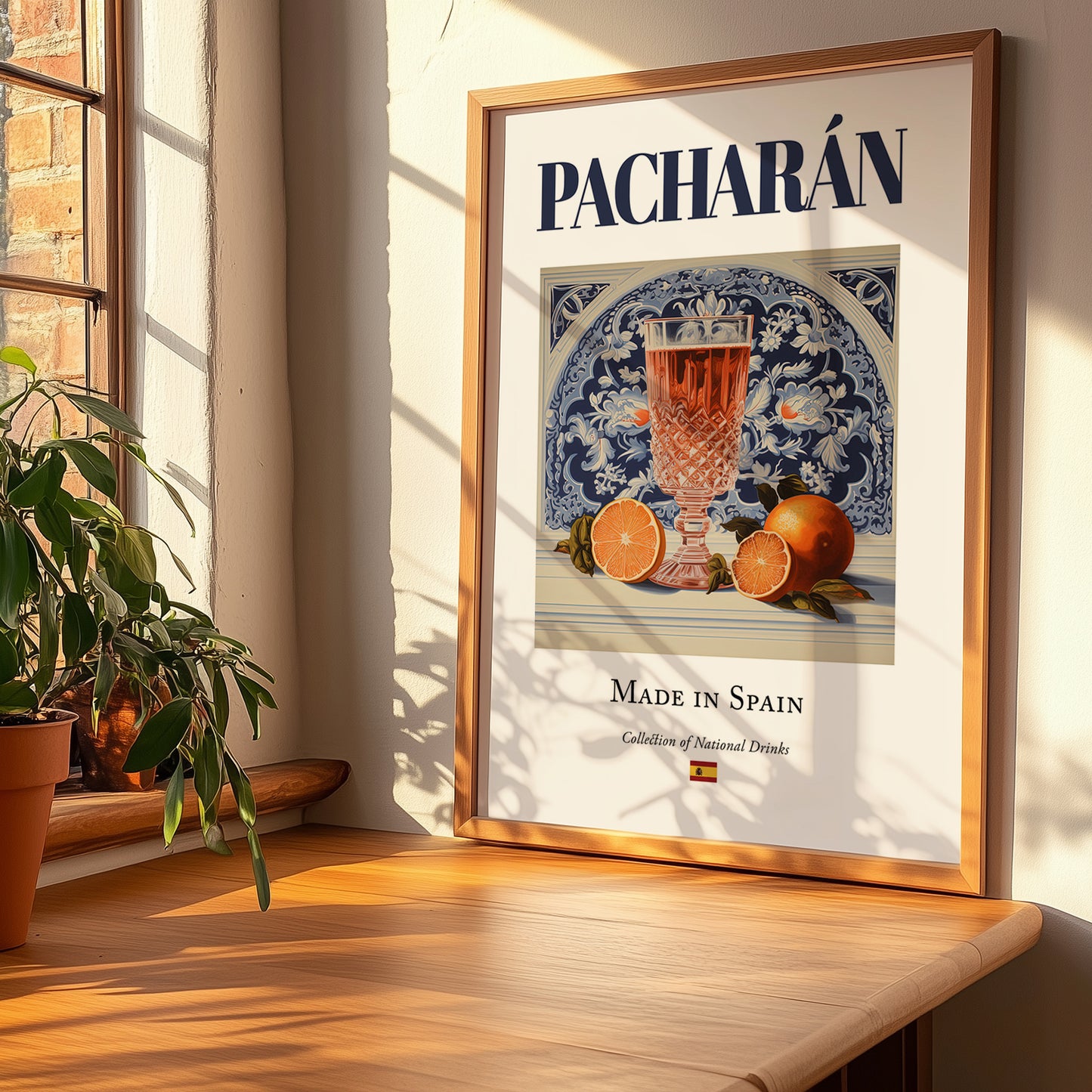 Pacharán – Spanish Liqueur Drink, Jazz Bar Poster, no-text version framed in wood