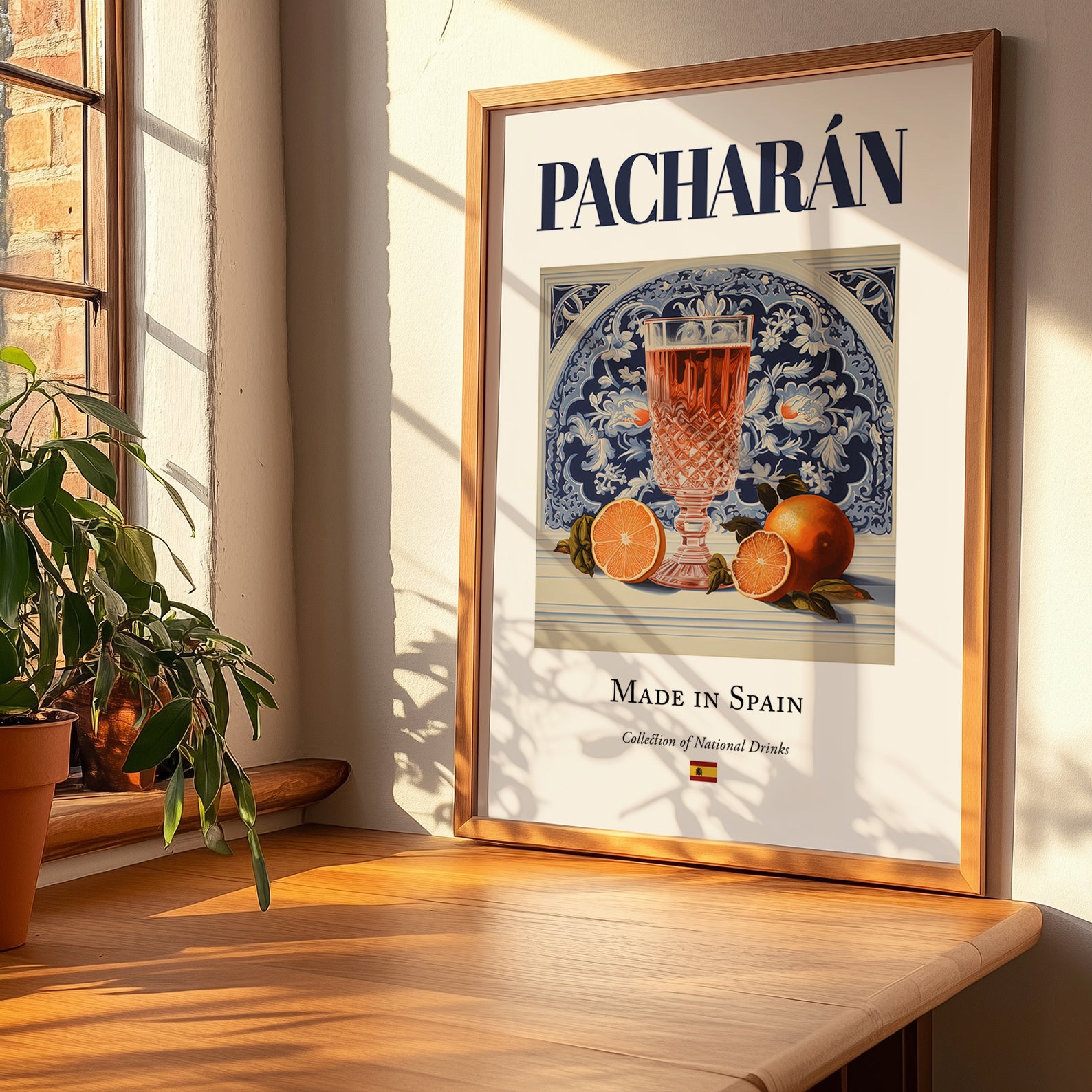 Pacharán – Spanish Liqueur Drink, Jazz Bar Poster, no-text version framed in wood