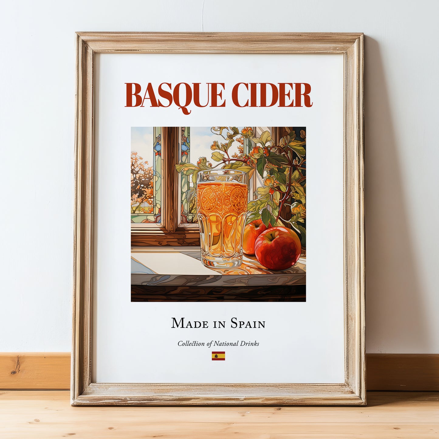 Basque Cider – Spanish Cider Cider, Country Pub Poster, in wooden frame leaning on the floor