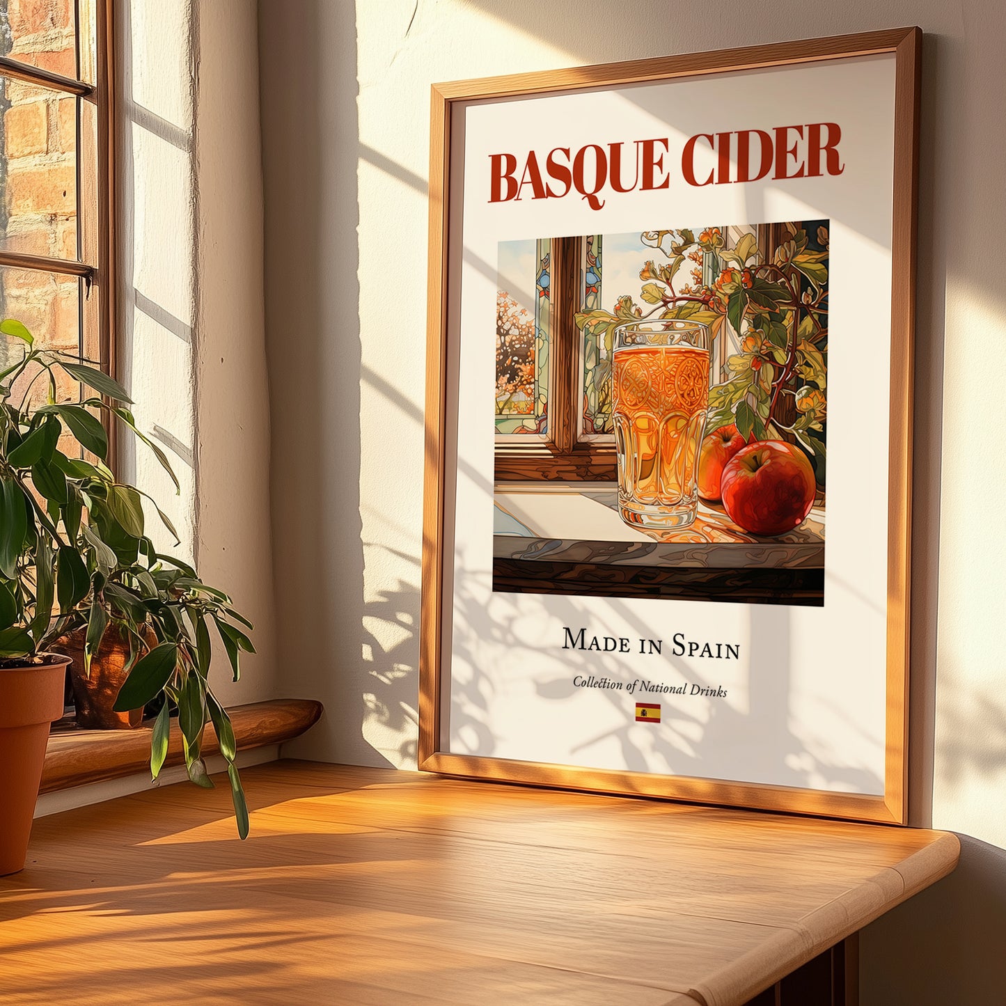 Basque Cider – Spanish Cider Cider, Country Pub Poster, no-text version framed in wood