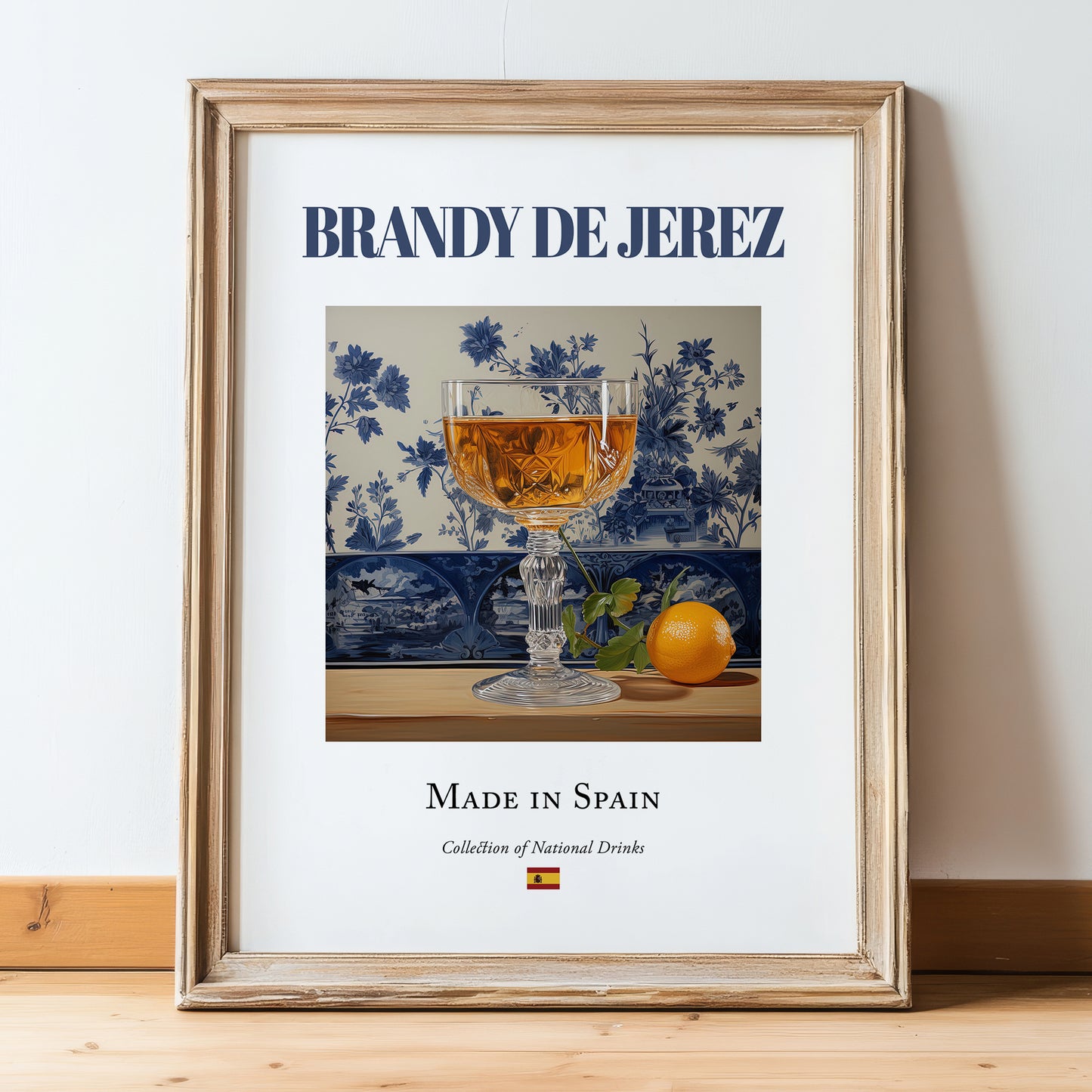 Brandy de Jerez – Spanish Spirit Drink, Beach Bar Print, in wooden frame leaning on the floor