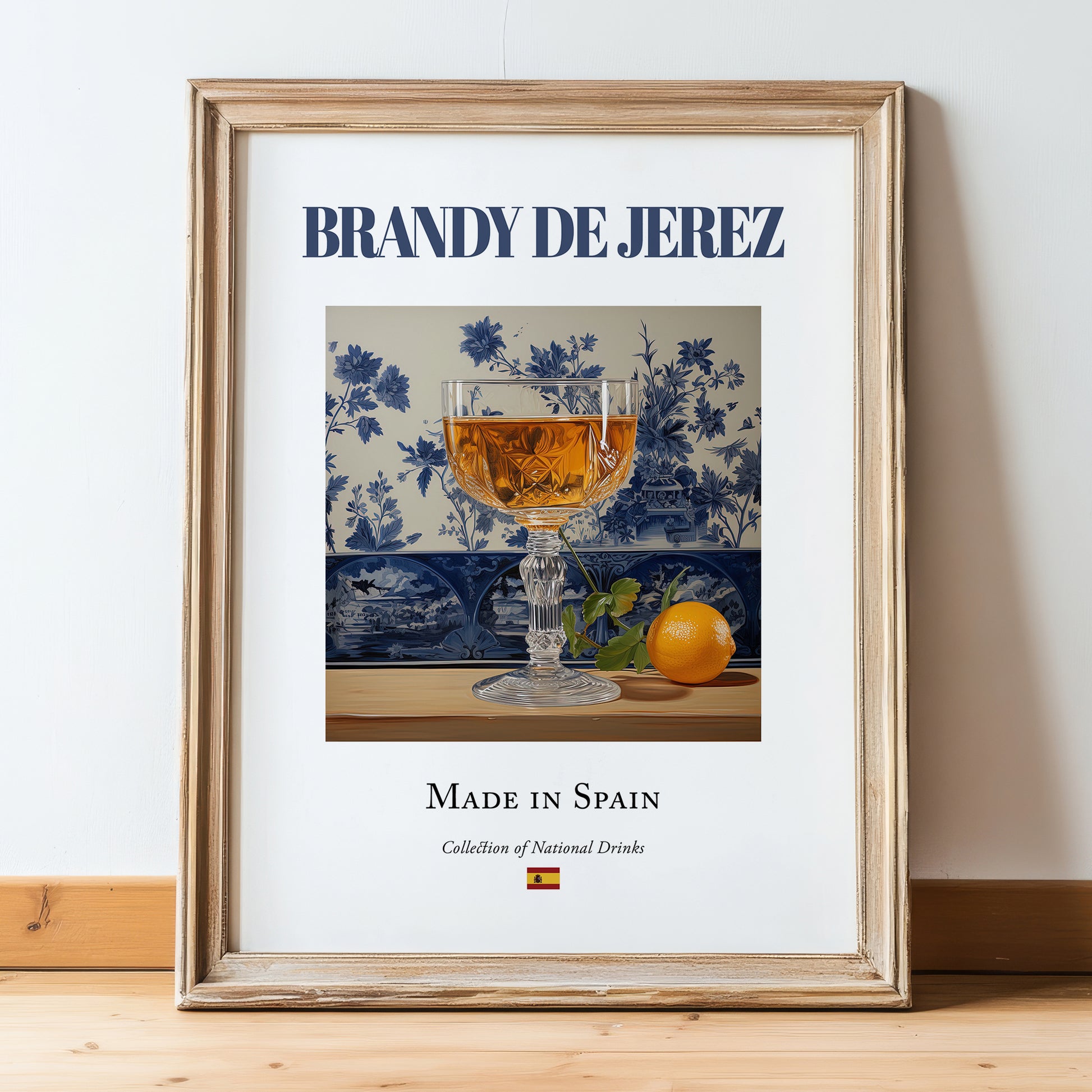 Brandy de Jerez – Spanish Spirit Drink, Beach Bar Print, in wooden frame leaning on the floor