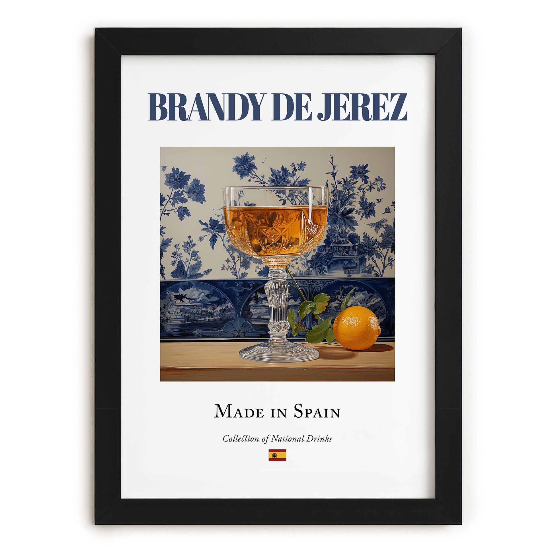 Brandy de Jerez – Spanish Spirit Drink, Beach Bar Print, in sleek black frame