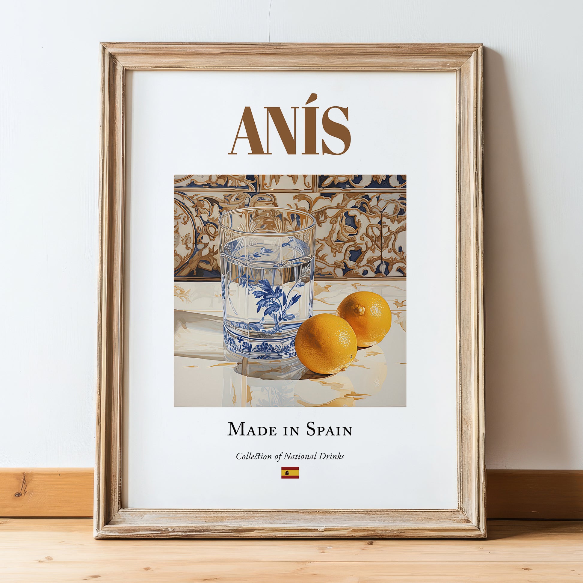 Anís – Spanish Spirit Drink, Speakeasy Print, in wooden frame leaning on the floor