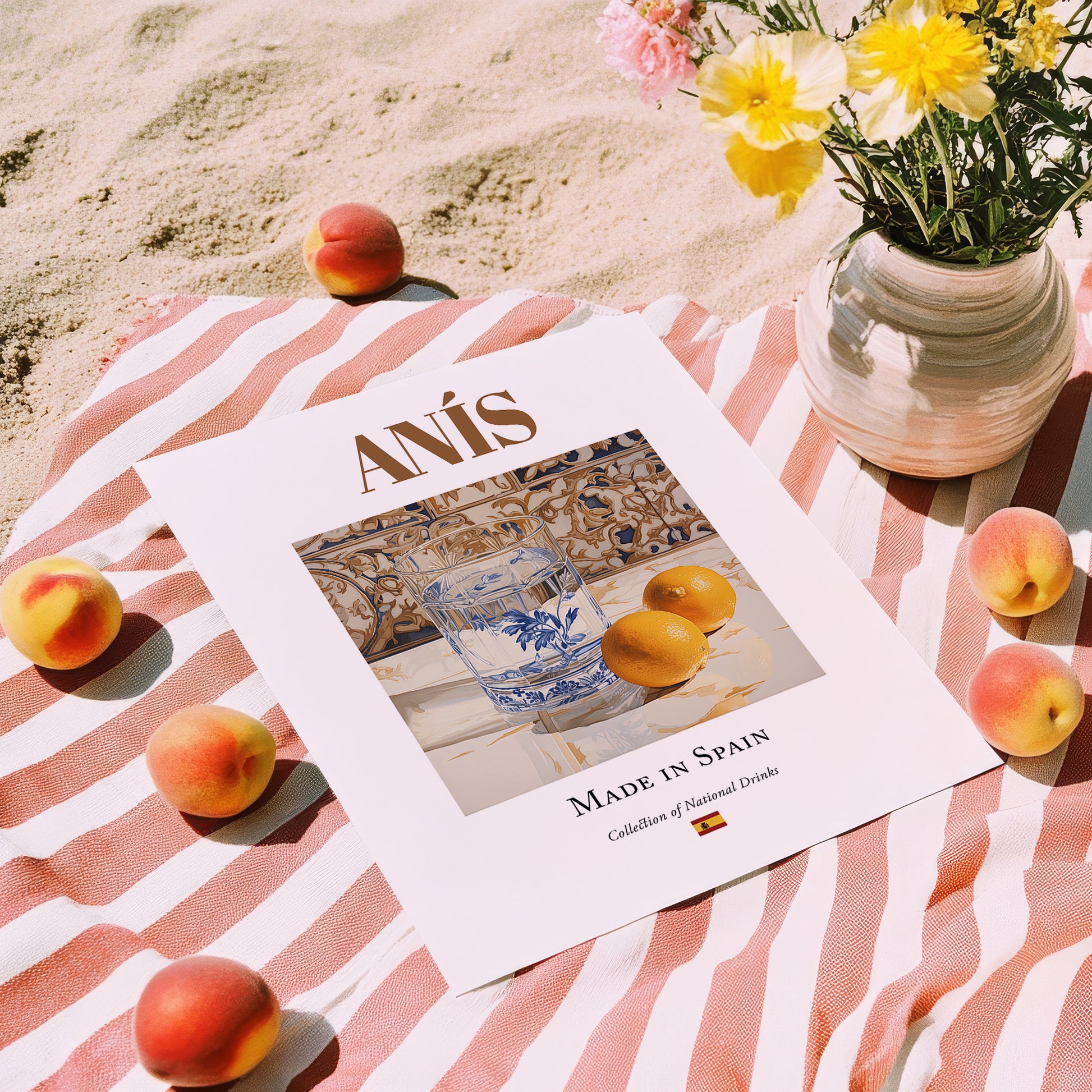 Anís – Spanish Spirit Drink, Speakeasy Print, unframed on coastal sand