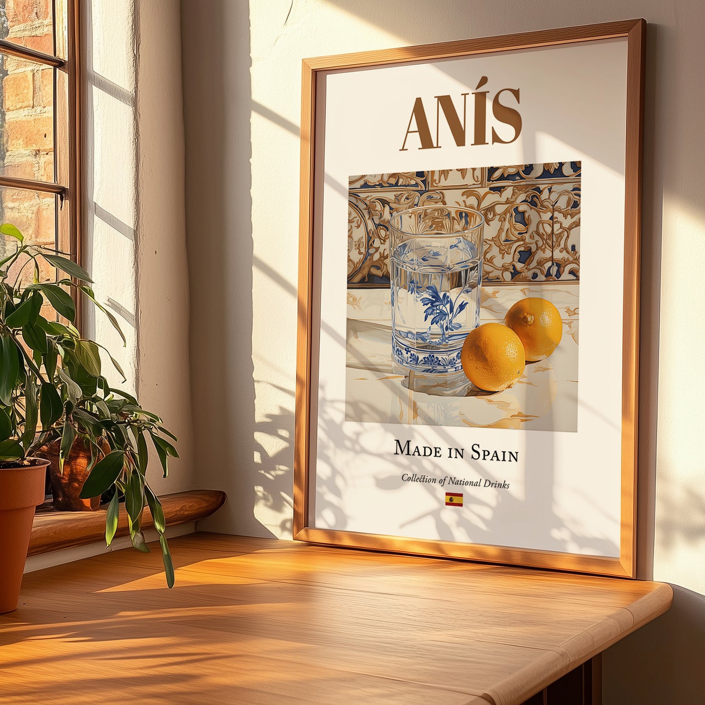 Anís – Spanish Spirit Drink, Speakeasy Print, no-text version framed in wood