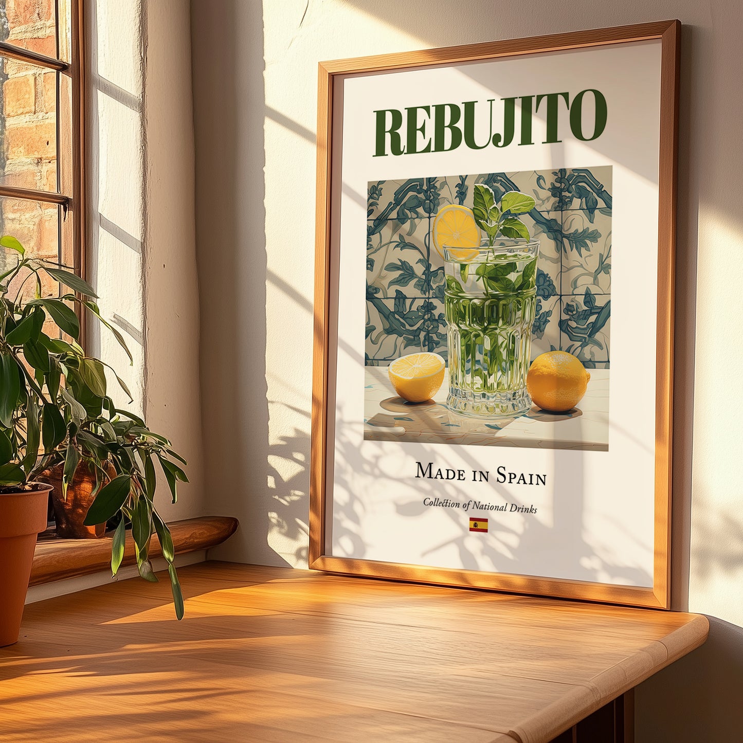 Rebujito – Spanish Cocktail Drink, Beach Bar Painting, no-text version framed in wood