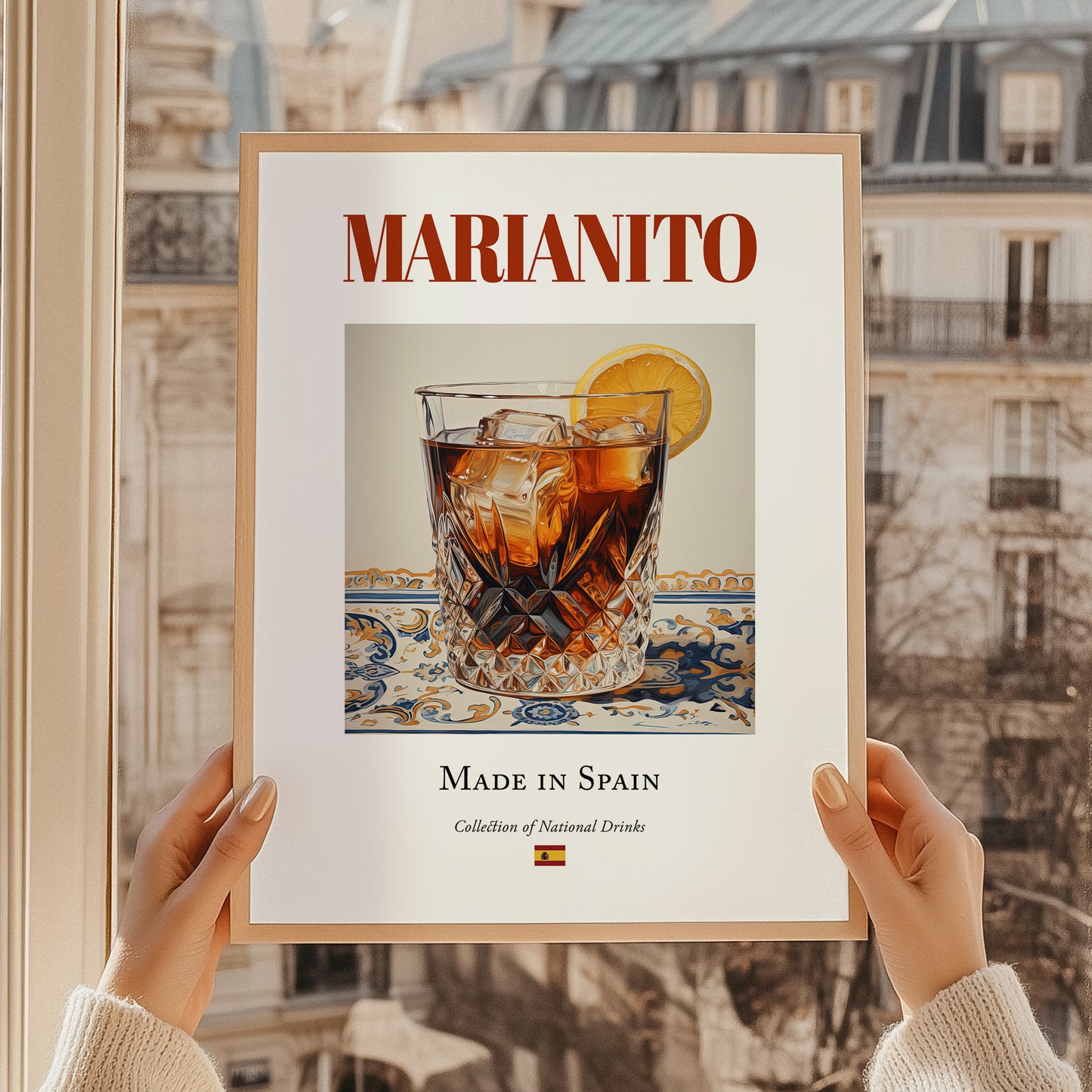 Marianito – Spanish Cocktail Drink, Beach Bar Painting, styled in a charming Paris street view